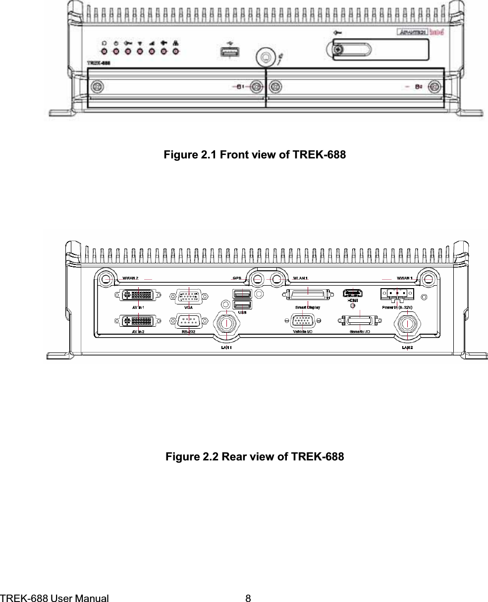 TREK-688 User Manual  82.1  A Quick Tour of the TREK-688 Computing Box Before starting to set up the In-Vehicle Computing Box, take a moment to become familiar with the locations and functions of the controls, drives, connectors and ports, which are illustrated in the figures below.  Figure 2.1 Front view of TREK-688 Figure 2.2 Rear view of TREK-688  