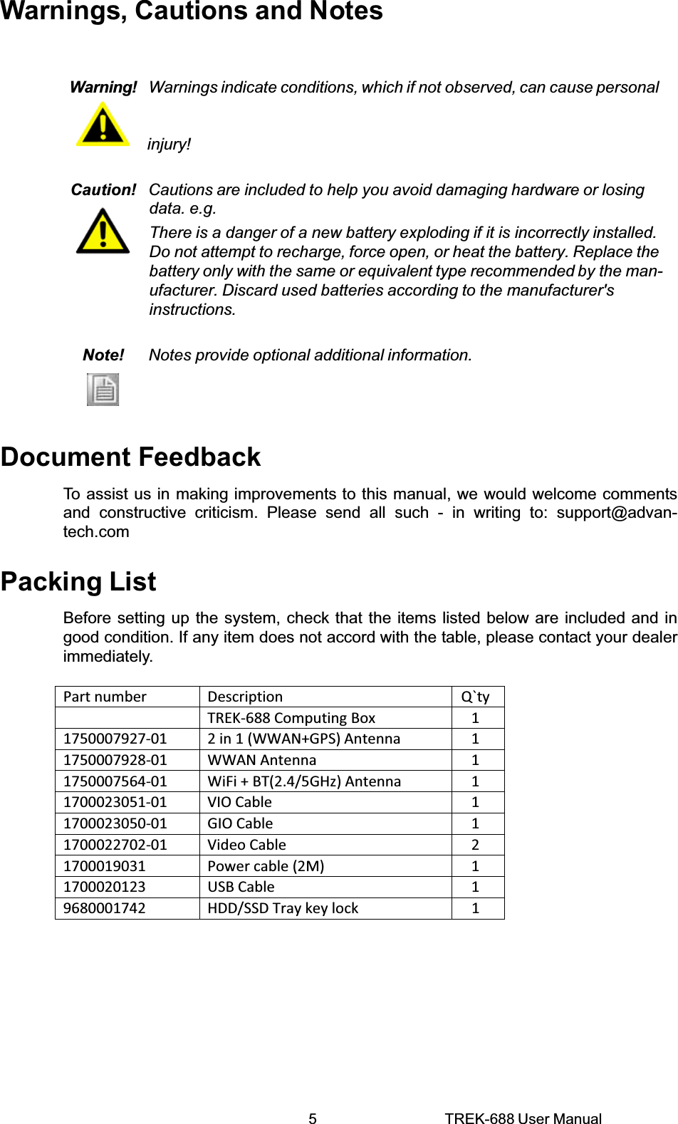 5 TREK-688 User Manual Warnings, Cautions and Notes Warning!   Warnings indicate conditions, which if not observed, can cause personal injury! Caution!   Cautions are included to help you avoid damaging hardware or losing data. e.g. There is a danger of a new battery exploding if it is incorrectly installed. Do not attempt to recharge, force open, or heat the battery. Replace the battery only with the same or equivalent type recommended by the man- ufacturer. Discard used batteries according to the manufacturer&apos;s instructions. Note! Notes provide optional additional information. Document Feedback To assist us in making improvements to this manual, we would welcome comments and constructive criticism. Please send all such - in writing to: support@advan- tech.com Packing List Before setting up the system, check that the items listed below are included and in good condition. If any item does not accord with the table, please contact your dealer immediately.  Partnumber Description Q`ty TREKͲ688ComputingBox 11750007927Ͳ01 2in1(WWAN+GPS)Antenna 11750007928Ͳ01 WWANAntenna 11750007564Ͳ01 WiFi+BT(2.4/5GHz)Antenna 11700023051Ͳ01 VIOCable 11700023050Ͳ01 GIOCable 11700022702Ͳ01 VideoCable 21700019031 Powercable(2M) 11700020123 USBCable 19680001742 HDD/SSDTraykeylock 1  