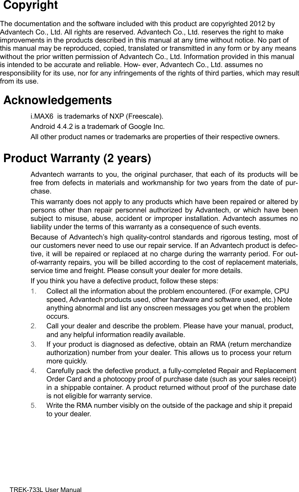 Page 2 of Advantech Co TREK733L Computer User Manual TREK 733 Android 4 4 User s Menu