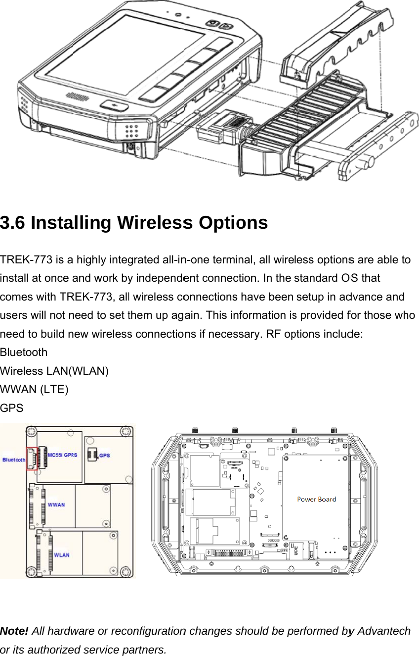 3.6TREinstacomuseneeBlueWireWWGPS  Notor it 6 InstaEK-773 is aall at once ames with TRrs will not ned to build netooth eless LAN(WWAN (LTE) S te! All hardwts authorizealling W highly integand work byREK-773, allneed to set tnew wirelessWLAN) ware or recoed service pWirelessgrated all-iny independel wireless cothem up ags connectio onfigurationartners. s Option-one terminent connectonnections ain. This inons if necessn changes sons nal, all wiretion. In the have been formation issary. RF opshould be peless optionsstandard Osetup in ads provided fptions includerformed bys are able tOS that dvance and for those whde:  y Advantec o ho h 