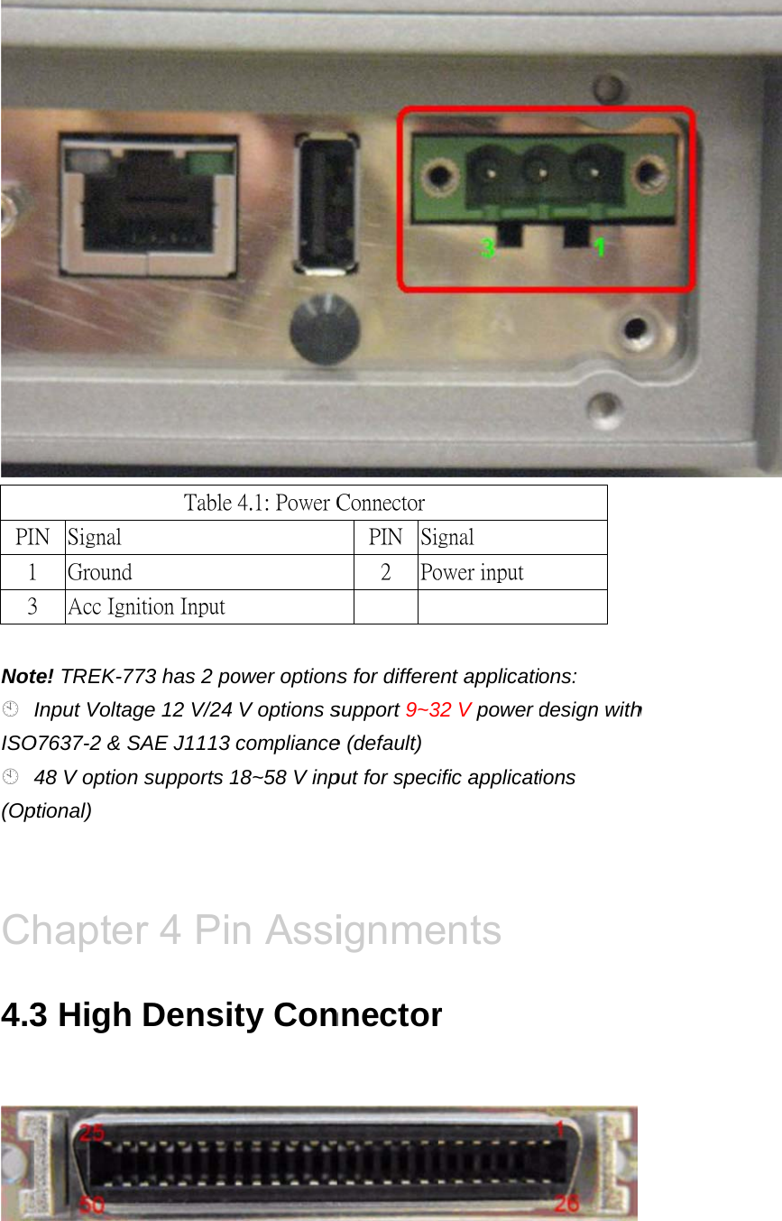 PI13 NotISO(Op Ch4.3TabN  Signal 1  Ground 3  Acc Ignte! TREK-7Input VoltagO7637-2 &amp; S48 V optionptional) hapte3 High ble 4.2: HigTable nition Input 73 has 2 poge 12 V/24 SAE J1113 n supports 1r 4 PinDensitgh Densit4.1: Power Cower optionsV options scompliance18~58 V inpn Assity Conty ConnecConnectorPIN Si2  Po  s for differesupport 9~3e (default)put for speciignmennectorc gnal ower input ent applicati32 V power ific applicatents r ons: design withions th tor  