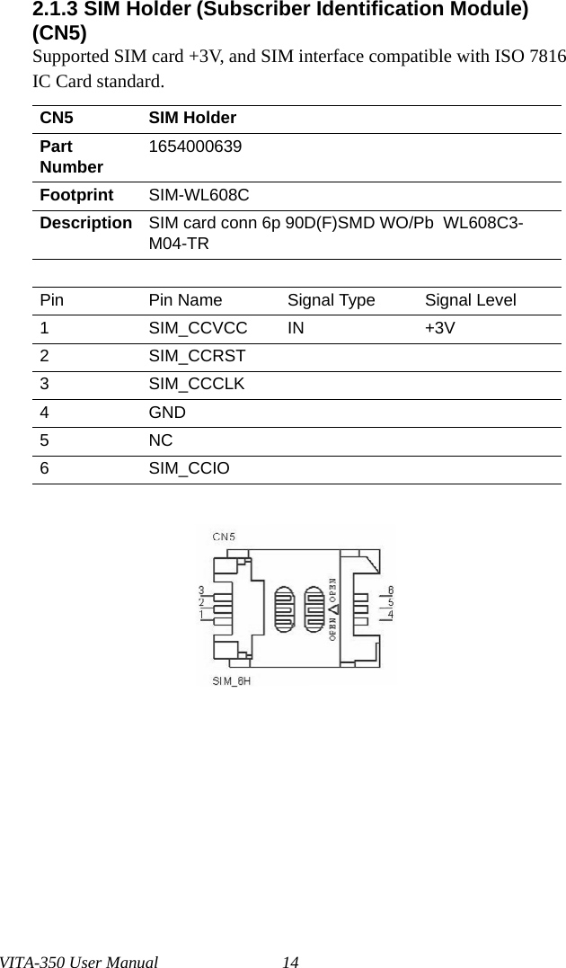 VITA-350 User Manual 142.1.3 SIM Holder (Subscriber Identification Module) (CN5)Supported SIM card +3V, and SIM interface compatible with ISO 7816 IC Card standard.CN5 SIM HolderPartNumber 1654000639Footprint SIM-WL608CDescription SIM card conn 6p 90D(F)SMD WO/Pb  WL608C3-M04-TRPin Pin Name Signal Type Signal Level1 SIM_CCVCC IN +3V2 SIM_CCRST3 SIM_CCCLK4GND5NC6 SIM_CCIO