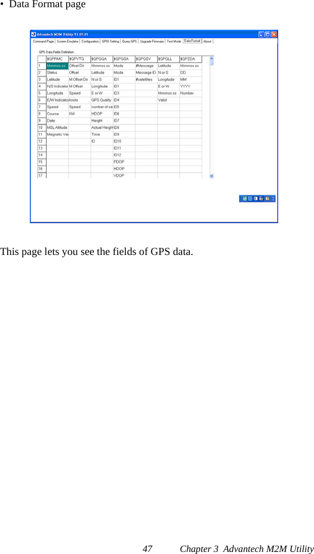 47 Chapter 3  Advantech M2M Utility•  Data Format pageThis page lets you see the fields of GPS data.