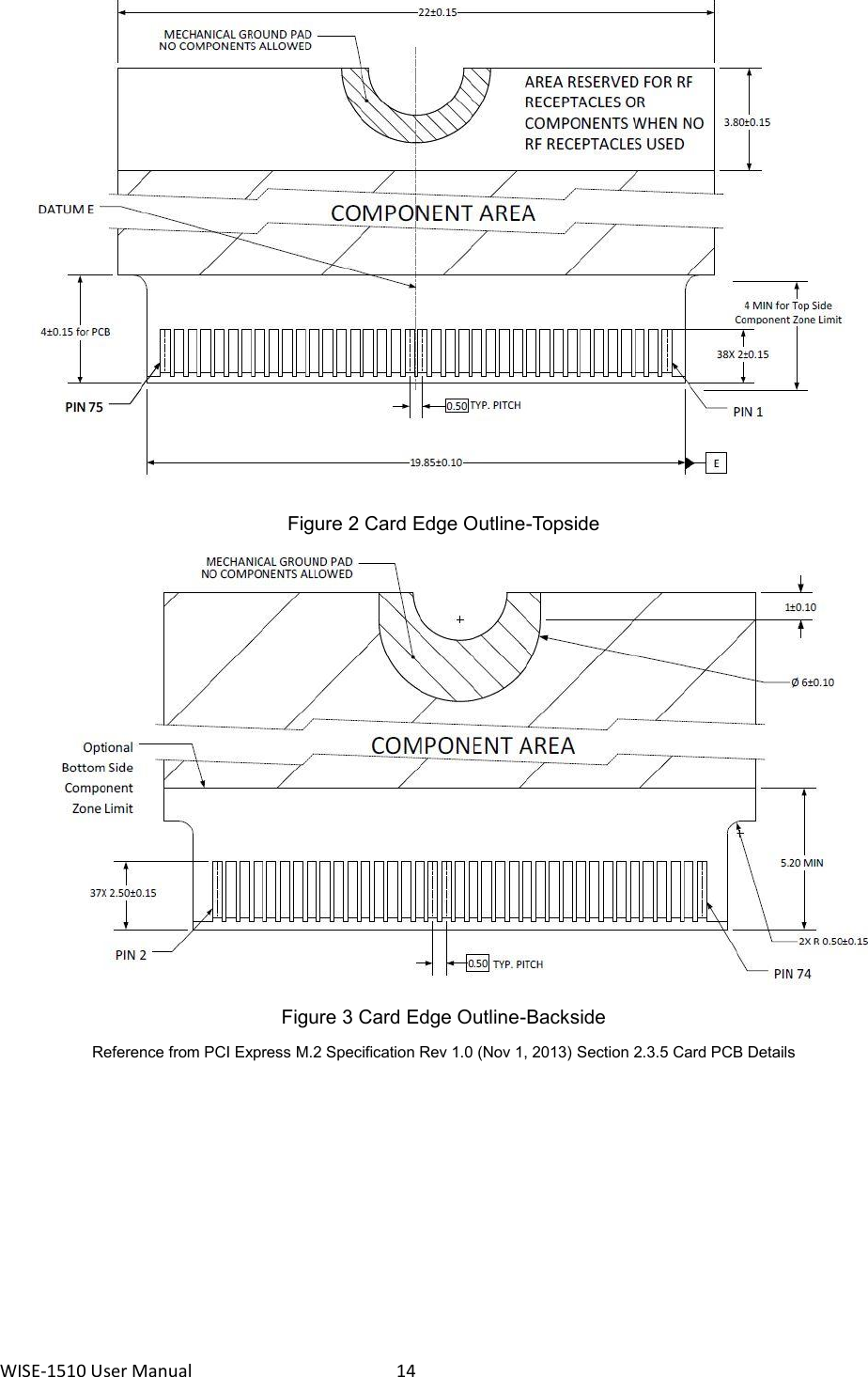 WISE-1510 User Manual  14         Figure 2 Card Edge Outline-Topside  Figure 3 Card Edge Outline-Backside Reference from PCI Express M.2 Specification Rev 1.0 (Nov 1, 2013) Section 2.3.5 Card PCB Details    