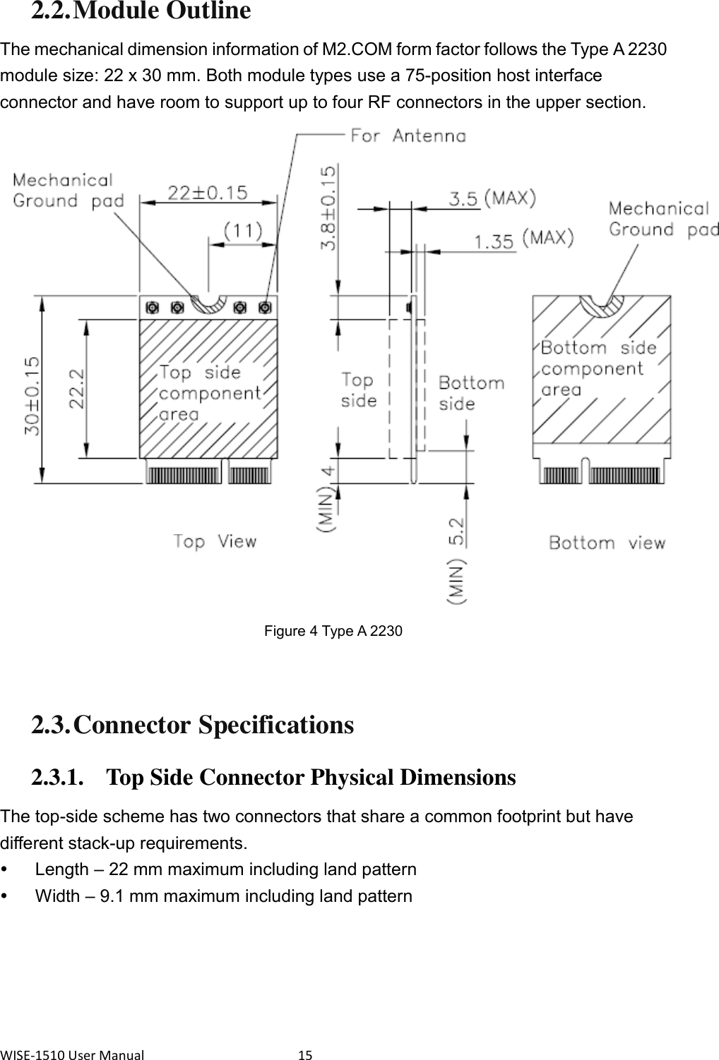 WISE-1510 User Manual  15 2.2. Module Outline The mechanical dimension information of M2.COM form factor follows the Type A 2230 module size: 22 x 30 mm. Both module types use a 75-position host interface connector and have room to support up to four RF connectors in the upper section.  Figure 4 Type A 2230   2.3. Connector Specifications 2.3.1. Top Side Connector Physical Dimensions The top-side scheme has two connectors that share a common footprint but have different stack-up requirements.   Length – 22 mm maximum including land pattern   Width – 9.1 mm maximum including land pattern 