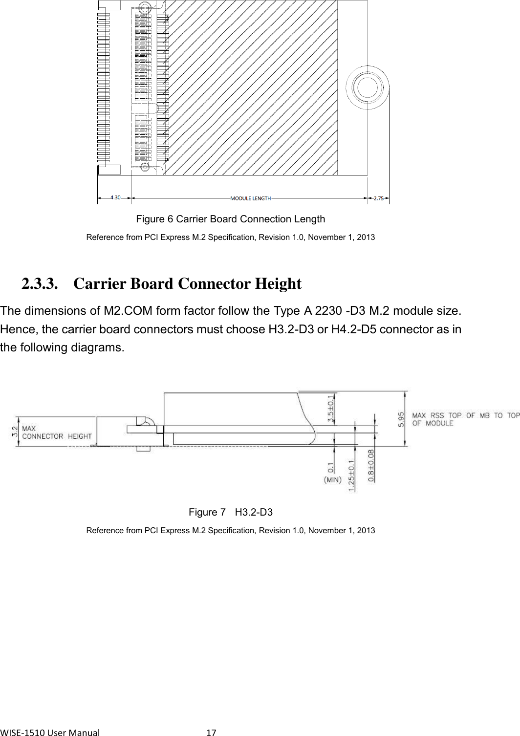 WISE-1510 User Manual  17  Figure 6 Carrier Board Connection Length Reference from PCI Express M.2 Specification, Revision 1.0, November 1, 2013  2.3.3. Carrier Board Connector Height The dimensions of M2.COM form factor follow the Type A 2230 -D3 M.2 module size. Hence, the carrier board connectors must choose H3.2-D3 or H4.2-D5 connector as in the following diagrams.   Figure 7  H3.2-D3 Reference from PCI Express M.2 Specification, Revision 1.0, November 1, 2013   