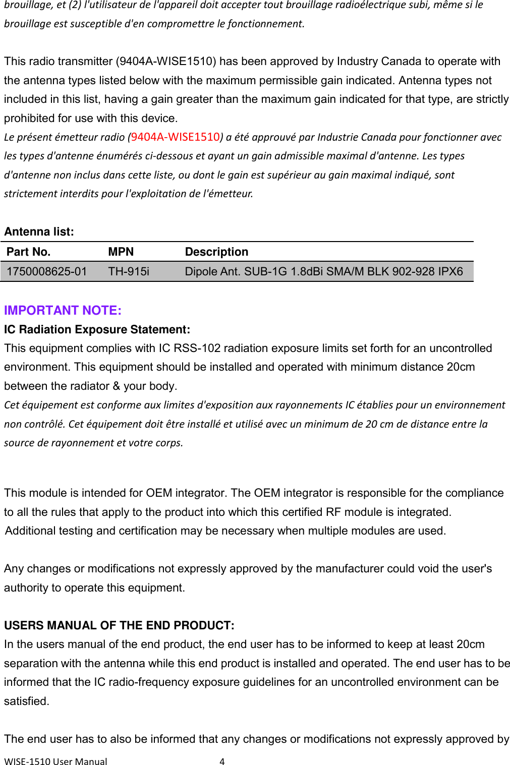 WISE-1510 User Manual  4 brouillage, et (2) l&apos;utilisateur de l&apos;appareil doit accepter tout brouillage radioélectrique subi, même si le brouillage est susceptible d&apos;en compromettre le fonctionnement.  This radio transmitter (9404A-WISE1510) has been approved by Industry Canada to operate with the antenna types listed below with the maximum permissible gain indicated. Antenna types not included in this list, having a gain greater than the maximum gain indicated for that type, are strictly prohibited for use with this device.   Le présent émetteur radio (9404A-WISE1510) a été approuvé par Industrie Canada pour fonctionner avec les types d&apos;antenne énumérés ci-dessous et ayant un gain admissible maximal d&apos;antenne. Les types d&apos;antenne non inclus dans cette liste, ou dont le gain est supérieur au gain maximal indiqué, sont strictement interdits pour l&apos;exploitation de l&apos;émetteur.  Antenna list: Part No. MPN Description 1750008625-01 TH-915i Dipole Ant. SUB-1G 1.8dBi SMA/M BLK 902-928 IPX6  IMPORTANT NOTE: IC Radiation Exposure Statement: This equipment complies with IC RSS-102 radiation exposure limits set forth for an uncontrolled environment. This equipment should be installed and operated with minimum distance 20cm between the radiator &amp; your body. Cet équipement est conforme aux limites d&apos;exposition aux rayonnements IC établies pour un environnement non contrôlé. Cet équipement doit être installé et utilisé avec un minimum de 20 cm de distance entre la source de rayonnement et votre corps.  This module is intended for OEM integrator. The OEM integrator is responsible for the compliance to all the rules that apply to the product into which this certified RF module is integrated. Additional testing and certification may be necessary when multiple modules are used.     Any changes or modifications not expressly approved by the manufacturer could void the user&apos;s authority to operate this equipment.  USERS MANUAL OF THE END PRODUCT: In the users manual of the end product, the end user has to be informed to keep at least 20cm separation with the antenna while this end product is installed and operated. The end user has to be informed that the IC radio-frequency exposure guidelines for an uncontrolled environment can be satisfied.    The end user has to also be informed that any changes or modifications not expressly approved by 