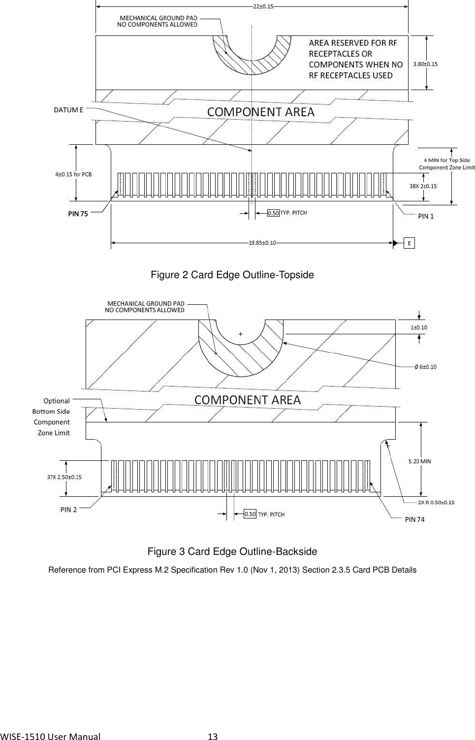 WISE-1510 User Manual  13  Figure 2 Card Edge Outline-Topside  Figure 3 Card Edge Outline-Backside Reference from PCI Express M.2 Specification Rev 1.0 (Nov 1, 2013) Section 2.3.5 Card PCB Details    