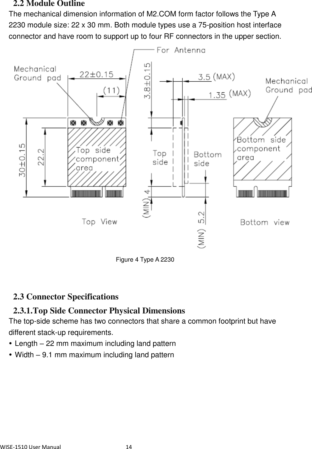 WISE-1510 User Manual  14 2.2 Module Outline The mechanical dimension information of M2.COM form factor follows the Type A 2230 module size: 22 x 30 mm. Both module types use a 75-position host interface connector and have room to support up to four RF connectors in the upper section.  Figure 4 Type A 2230   2.3 Connector Specifications 2.3.1.Top Side Connector Physical Dimensions The top-side scheme has two connectors that share a common footprint but have different stack-up requirements.  Length – 22 mm maximum including land pattern  Width – 9.1 mm maximum including land pattern 