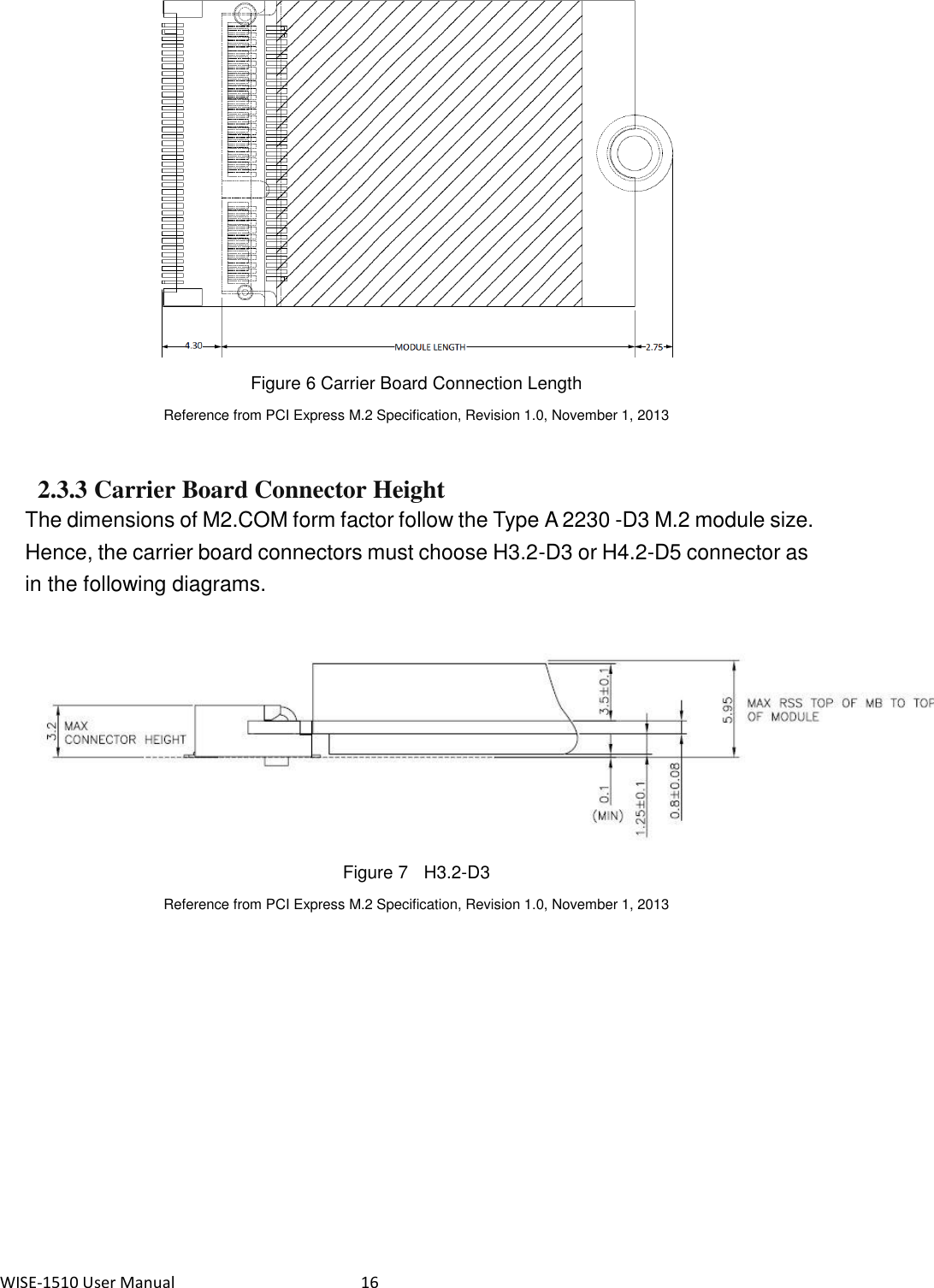 WISE-1510 User Manual  16  Figure 6 Carrier Board Connection Length Reference from PCI Express M.2 Specification, Revision 1.0, November 1, 2013  2.3.3 Carrier Board Connector Height The dimensions of M2.COM form factor follow the Type A 2230 -D3 M.2 module size. Hence, the carrier board connectors must choose H3.2-D3 or H4.2-D5 connector as in the following diagrams.   Figure 7  H3.2-D3 Reference from PCI Express M.2 Specification, Revision 1.0, November 1, 2013   