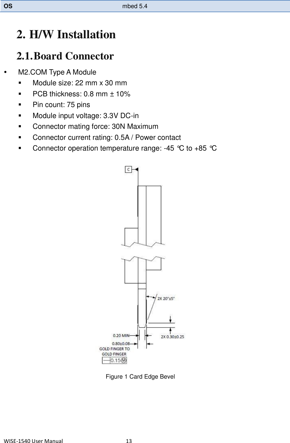 WISE-1540 User Manual  13 OS  mbed 5.4  2. H/W Installation 2.1. Board Connector   M2.COM Type A Module   Module size: 22 mm x 30 mm     PCB thickness: 0.8 mm ± 10%     Pin count: 75 pins   Module input voltage: 3.3V DC-in   Connector mating force: 30N Maximum   Connector current rating: 0.5A / Power contact     Connector operation temperature range: -45 °C to +85 °C   Figure 1 Card Edge Bevel        