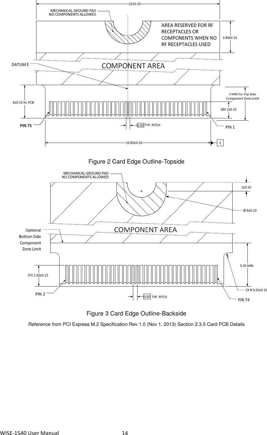 WISE-1540 User Manual  14  Figure 2 Card Edge Outline-Topside  Figure 3 Card Edge Outline-Backside Reference from PCI Express M.2 Specification Rev 1.0 (Nov 1, 2013) Section 2.3.5 Card PCB Details    