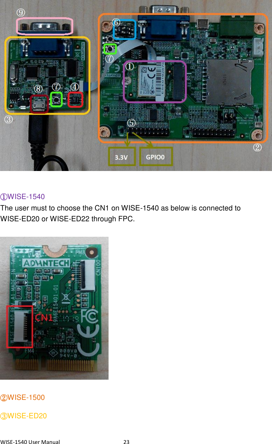 WISE-1540 User Manual  23   ①WISE-1540 The user must to choose the CN1 on WISE-1540 as below is connected to WISE-ED20 or WISE-ED22 through FPC.  ②WISE-1500   ③WISE-ED20   