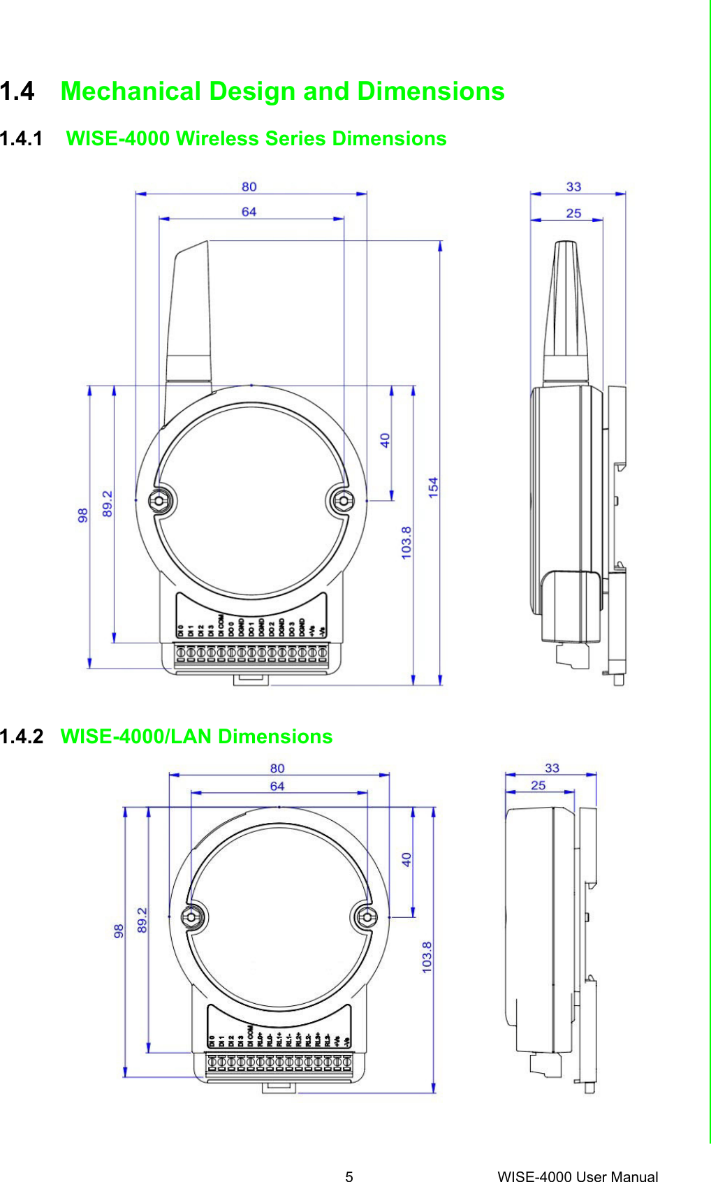 5 WISE-4000 User ManualChapter 1 Product Overview1.4 Mechanical Design and Dimensions1.4.1  WISE-4000 Wireless Series Dimensions1.4.2 WISE-4000/LAN Dimensions           