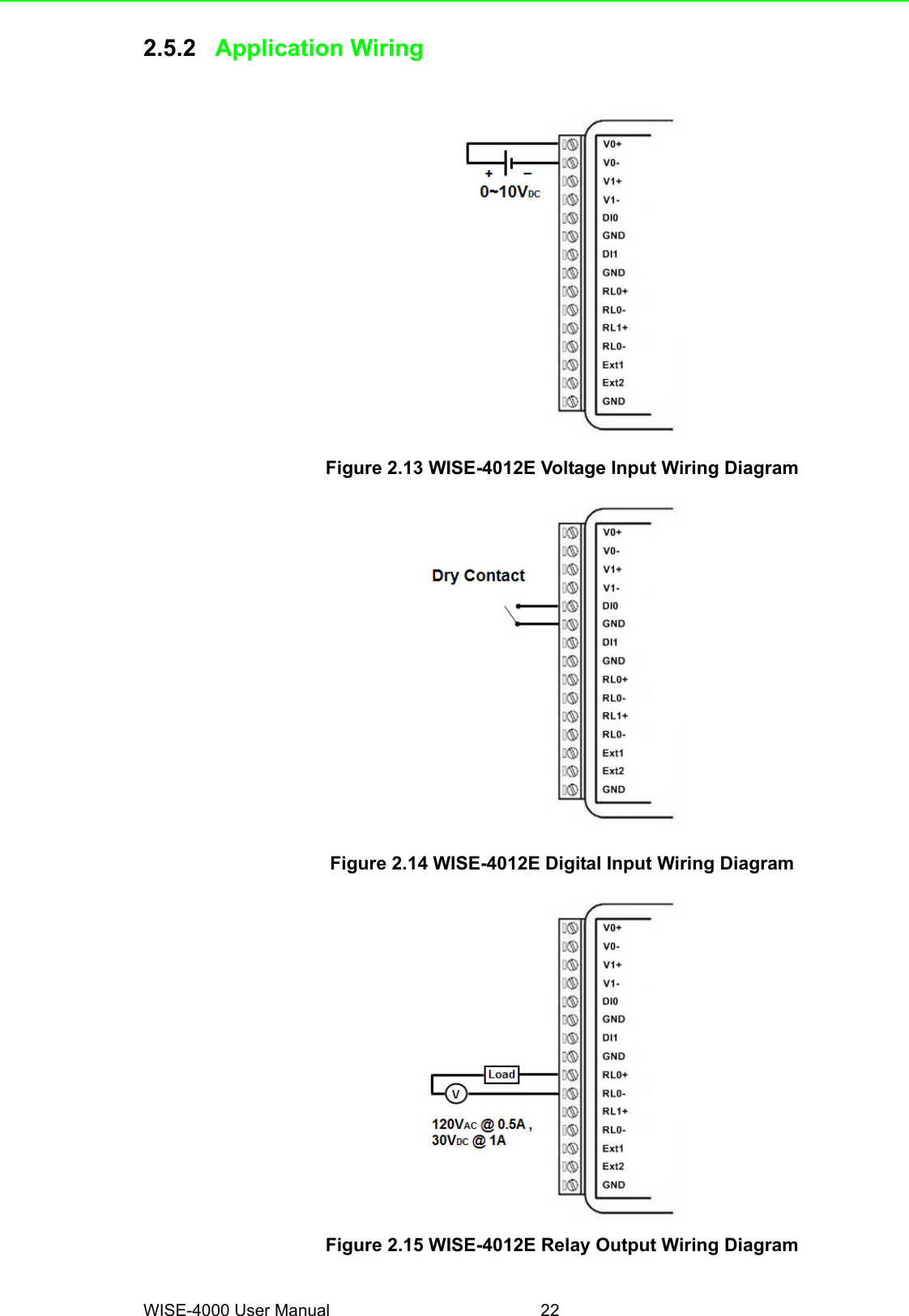 WISE-4000 User Manual 222.5.2 Application WiringFigure 2.13 WISE-4012E Voltage Input Wiring DiagramFigure 2.14 WISE-4012E Digital Input Wiring DiagramFigure 2.15 WISE-4012E Relay Output Wiring Diagram