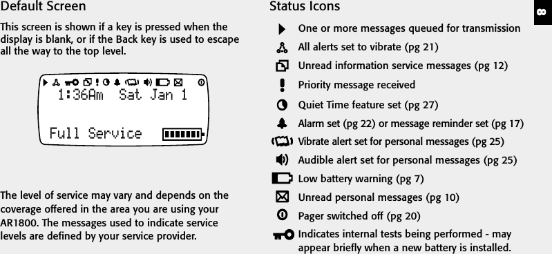 8Status IconsOne or more messages queued for transmissionAll alerts set to vibrate (pg 21)Unread information service messages (pg 12)Priority message receivedQuiet Time feature set (pg 27)Alarm set (pg 22) or message reminder set (pg 17)Vibrate alert set for personal messages (pg 25)Audible alert set for personal messages (pg 25)Low battery warning (pg 7)Unread personal messages (pg 10)Pager switched off (pg 20)Indicates internal tests being performed - mayappear briefly when a new battery is installed.Default ScreenThis screen is shown if a key is pressed when thedisplay is blank, or if the Back key is used to escapeall the way to the top level.1:36Am  Sat Jan 1Full ServiceThe level of service may vary and depends on thecoverage offered in the area you are using yourAR1800. The messages used to indicate servicelevels are defined by your service provider.