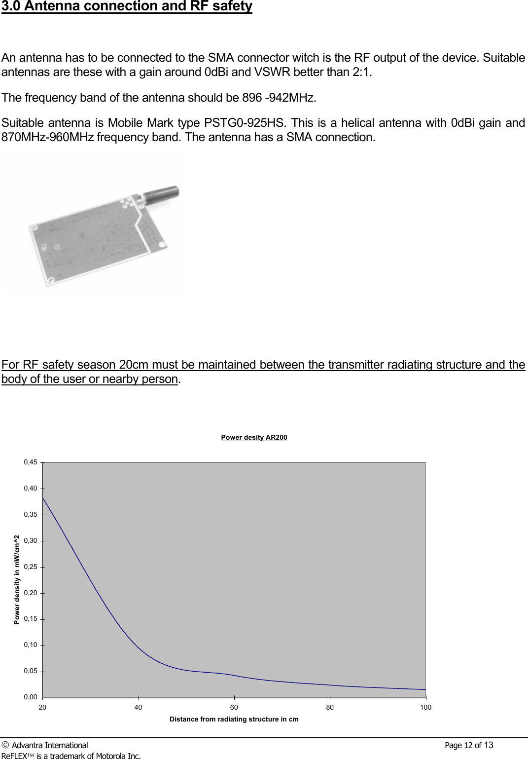  Advantra International        Page 12 of 13 ReFLEX is a trademark of Motorola Inc. 3.0 Antenna connection and RF safety  An antenna has to be connected to the SMA connector witch is the RF output of the device. Suitable antennas are these with a gain around 0dBi and VSWR better than 2:1. The frequency band of the antenna should be 896 -942MHz. Suitable antenna is Mobile Mark type PSTG0-925HS. This is a helical antenna with 0dBi gain and 870MHz-960MHz frequency band. The antenna has a SMA connection.     For RF safety season 20cm must be maintained between the transmitter radiating structure and the body of the user or nearby person.  Power desity AR2000,000,050,100,150,200,250,300,350,400,4520 40 60 80 100Distance from radiating structure in cmPower density in mW/cm^2 