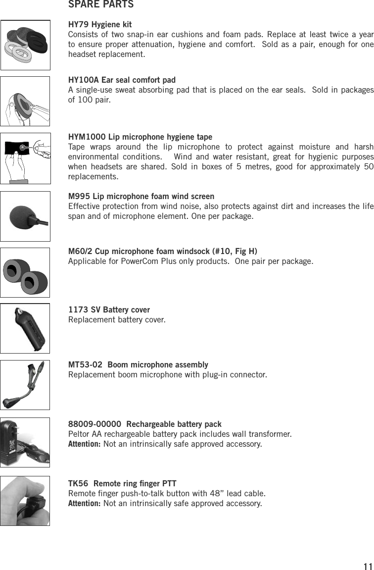 11SPARE PARTSHY79 Hygiene kitConsists of two snap-in ear cushions and foam pads. Replace at least twice a year to ensure proper attenuation, hygiene and comfort.  Sold as a pair, enough for one headset replacement.HY100A Ear seal comfort padA single-use sweat absorbing pad that is placed on the ear seals.  Sold in packages of 100 pair.HYM1000 Lip microphone hygiene tapeTape  wraps  around  the  lip  microphone  to  protect  against  moisture  and  harsh environmental  conditions.      Wind  and  water  resistant,  great  for  hygienic  purposes when  headsets  are  shared.  Sold  in  boxes  of  5  metres,  good  for  approximately  50 replacements.M995 Lip microphone foam wind screenEffective protection from wind noise, also protects against dirt and increases the life span and of microphone element. One per package.M60/2 Cup microphone foam windsock (#10, Fig H)Applicable for PowerCom Plus only products.  One pair per package.1173 SV Battery coverReplacement battery cover.MT53-02  Boom microphone assemblyReplacement boom microphone with plug-in connector.88009-00000  Rechargeable battery packPeltor AA rechargeable battery pack includes wall transformer.Attention: Not an intrinsically safe approved accessory.TK56  Remote ring ﬁnger PTTRemote ﬁnger push-to-talk button with 48” lead cable.Attention: Not an intrinsically safe approved accessory.