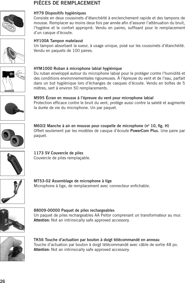 26PIÈCES DE REMPLACEMENTHY79 Dispositifs hygiéniquesConsiste en deux coussinets d’étanchéité à enclenchement rapide et des tampons de mousse. Remplacer au moins deux fois par année aﬁn d’assurer l’atténuation du bruit, l’hygiène et  le confort  approprié. Vendu en  paires, sufﬁsant  pour le  remplacement d’un casque d’écoute.HY100A Tampon matelasséUn tampon absorbant la sueur, à usage unique, posé sur les coussinets d’étanchéité. Vendu en paquets de 100 paires.HYM1000 Ruban à microphone labial hygiéniqueDu ruban enveloppé autour du microphone labial pour le protéger contre l’humidité et des conditions environnementales rigoureuses. À l’épreuve du vent et de l’eau, parfait dans un but hygiénique lors d’échanges de casques d’écoute. Vendu en boîtes de 5 mètres, sert à environ 50 remplacements.M995 Écran en mousse à l’épreuve du vent pour microphone labialProtection efﬁcace contre le bruit du vent, protège aussi contre la saleté et augmente la durée de vie du microphone. Un par paquet.M60/2 Manche à air en mousse pour coupelle de microphone (no 10, ﬁg. H)Offert seulement par les modèles de casque d’écoute PowerCom Plus. Une paire par paquet.1173 SV Couvercle de pilesCouvercle de piles remplaçable.MT53-02 Assemblage de microphone à tigeMicrophone à tige, de remplacement avec connecteur enﬁchable.88009-00000 Paquet de piles rechargeablesUn paquet de piles rechargeables AA Peltor comprenant un transformateur au mur.Attention: Not an intrinsically safe approved accessory.TK56 Touche d’actuation par bouton à doigt télécommandé en anneauTouche d’actuation par bouton à doigt télécommandé avec câble de sortie 48 po.Attention: Not an intrinsically safe approved accessory.
