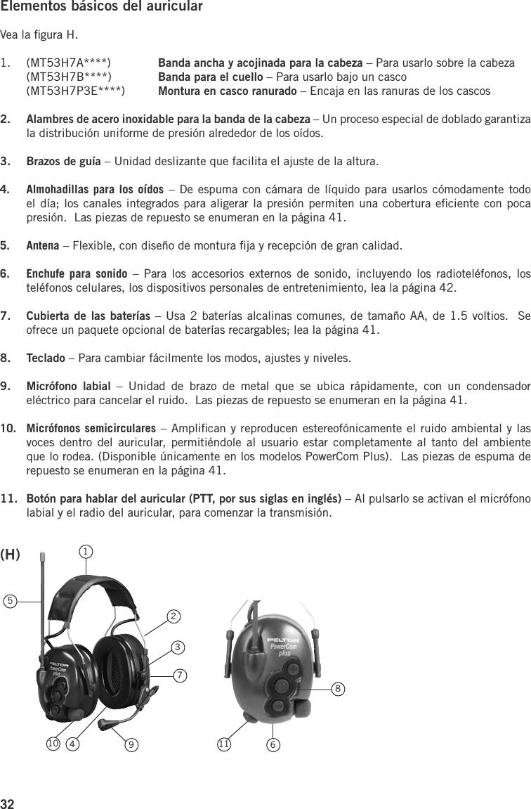32Elementos básicos del auricularVea la ﬁgura H.1.  (MT53H7A****)  Banda ancha y acojinada para la cabeza – Para usarlo sobre la cabeza(MT53H7B****)  Banda para el cuello – Para usarlo bajo un casco(MT53H7P3E****)  Montura en casco ranurado – Encaja en las ranuras de los cascos2.  Alambres de acero inoxidable para la banda de la cabeza – Un proceso especial de doblado garantiza la distribución uniforme de presión alrededor de los oídos.3.  Brazos de guía – Unidad deslizante que facilita el ajuste de la altura.4.  Almohadillas para los oídos – De espuma con cámara de líquido para usarlos cómodamente todo el día; los canales integrados para aligerar la presión permiten una cobertura eﬁciente con poca presión.  Las piezas de repuesto se enumeran en la página 41.5.  Antena – Flexible, con diseño de montura ﬁja y recepción de gran calidad.6.  Enchufe  para  sonido – Para  los accesorios externos  de  sonido, incluyendo  los  radioteléfonos, los teléfonos celulares, los dispositivos personales de entretenimiento, lea la página 42.7.  Cubierta de las baterías – Usa 2 baterías alcalinas comunes, de tamaño AA, de 1.5 voltios.  Se ofrece un paquete opcional de baterías recargables; lea la página 41.8.  Teclado – Para cambiar fácilmente los modos, ajustes y niveles.9.  Micrófono  labial  –  Unidad  de  brazo  de  metal  que  se  ubica  rápidamente,  con  un  condensador eléctrico para cancelar el ruido.  Las piezas de repuesto se enumeran en la página 41.10.  Micrófonos  semicirculares – Ampliﬁcan y reproducen estereofónicamente el ruido ambiental y las voces  dentro del  auricular,  permitiéndole  al usuario  estar  completamente al tanto  del ambiente que lo rodea. (Disponible únicamente en los modelos PowerCom Plus).  Las piezas de espuma de repuesto se enumeran en la página 41.11.  Botón para hablar del auricular (PTT, por sus siglas en inglés) – Al pulsarlo se activan el micrófono labial y el radio del auricular, para comenzar la transmisión.61234571110 98(H)