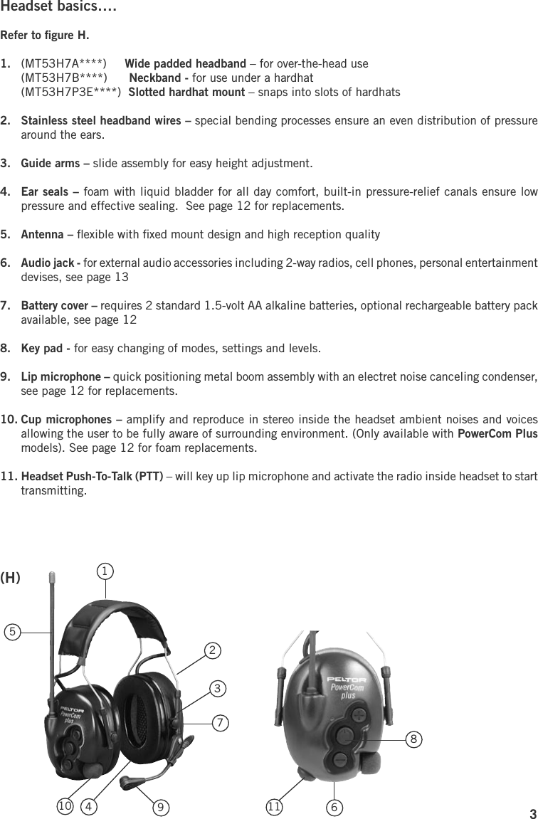3Headset basics….Refer to ﬁgure H.1.  (MT53H7A****)     Wide padded headband – for over-the-head use  (MT53H7B****)      Neckband - for use under a hardhat  (MT53H7P3E****)  Slotted hardhat mount – snaps into slots of hardhats2.  Stainless steel headband wires – special bending processes ensure an even distribution of pressure around the ears.3.  Guide arms – slide assembly for easy height adjustment. 4.  Ear seals – foam with liquid bladder for all day comfort, built-in pressure-relief canals ensure low pressure and effective sealing.  See page 12 for replacements.5.  Antenna – ﬂexible with ﬁxed mount design and high reception quality 6.  Audio jack - for external audio accessories including 2-way radios, cell phones, personal entertainment devises, see page 13 7.  Battery cover – requires 2 standard 1.5-volt AA alkaline batteries, optional rechargeable battery pack available, see page 128.  Key pad - for easy changing of modes, settings and levels.9.  Lip microphone – quick positioning metal boom assembly with an electret noise canceling condenser, see page 12 for replacements.10. Cup microphones – amplify and reproduce in stereo inside the headset ambient noises and voices allowing the user to be fully aware of surrounding environment. (Only available with PowerCom Plus models). See page 12 for foam replacements.11. Headset Push-To-Talk (PTT) – will key up lip microphone and activate the radio inside headset to start transmitting.(H)61234571110 98