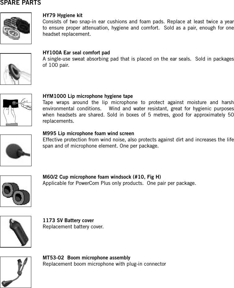 SPARE PARTSHY79 Hygiene kitConsists of two  snap-in  ear cushions and  foam  pads. Replace at  least  twice a year to ensure proper attenuation, hygiene and comfort.  Sold as a pair, enough for one headset replacement.HY100A Ear seal comfort padA single-use sweat absorbing pad that is placed on the ear seals.  Sold in packages of 100 pair.HYM1000 Lip microphone hygiene tapeTape  wraps  around  the  lip  microphone  to  protect  against  moisture  and  harsh environmental  conditions.      Wind  and  water  resistant,  great  for  hygienic  purposes when  headsets  are  shared.  Sold  in  boxes  of  5  metres,  good  for  approximately  50 replacements.M995 Lip microphone foam wind screenEffective protection from wind noise, also protects against dirt and increases the life span and of microphone element. One per package.M60/2 Cup microphone foam windsock (#10, Fig H)Applicable for PowerCom Plus only products.  One pair per package.1173 SV Battery coverReplacement battery cover.MT53-02  Boom microphone assemblyReplacement boom microphone with plug-in connector