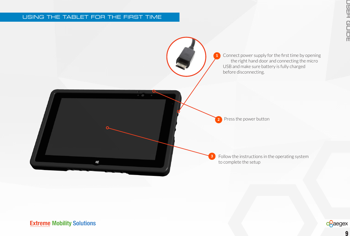 USER GUIDEUSING THE TABLET FOR THE FIRST TIMEConnect power supply for the rst time by opening    the right hand door and connecting the micro  USB and make sure battery is fully charged  before disconnecting.Press the power buttonFollow the instructions in the operating system  to complete the setup1239