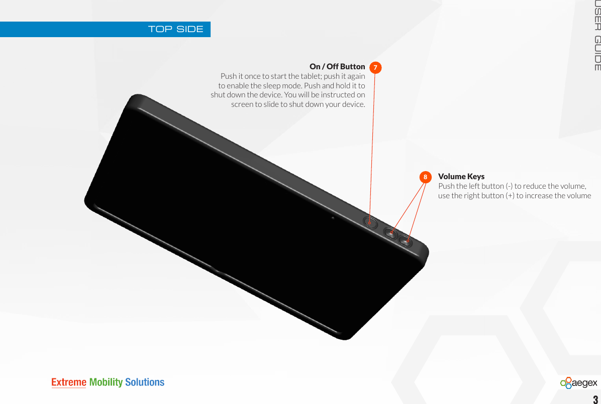 USER GUIDEVolume Keys Push the left button (-) to reduce the volume, use the right button (+) to increase the volumeTOP SIDEOn / Off ButtonPush it once to start the tablet; push it again to enable the sleep mode. Push and hold it to shut down the device. You will be instructed on screen to slide to shut down your device. 783