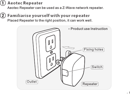 Aeotec Repeater can be used as a Z-Wave network repeater.1Aeotec RepeaterPlaced Repeater to the right position, it can work well.2Familiarise yourself with your repeater-   -1Outlet RepeaterSwitchFixing holesProduct use Instruction