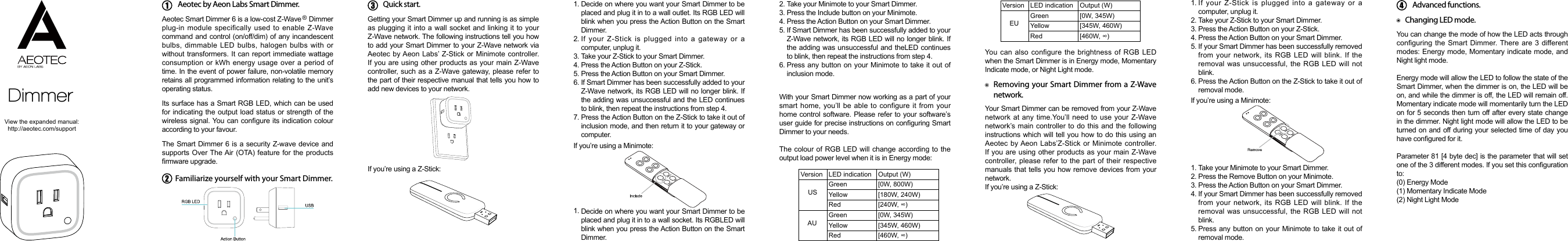 View the expanded manual:http://aeotec.com/supportAeotec by Aeon Labs Smart Dimmer.Aeotec Smart Dimmer 6 is a low-cost Z-Wave    Dimmer plug-in module specifically used to enable Z-Wave command and control (on/off/dim) of any incandescent bulbs, dimmable LED bulbs, halogen bulbs with or without transformers. It can report immediate wattage consumption or kWh energy usage over a period of time. In the event of power failure, non-volatile memory retains all programmed information relating to the unit’s operating status.Its surface has a Smart RGB LED, which can be used for indicating the output load status or strength of the wireless signal. You can congure its indication colour according to your favour.The Smart Dimmer 6 is a security Z-wave device and supports Over The Air (OTA) feature for the products rmware upgrade.®Familiarize yourself with your Smart Dimmer.Getting your Smart Dimmer up and running is as simple as plugging it into a wall socket and linking it to your Z-Wave network. The following instructions tell you how to add your Smart Dimmer to your Z-Wave network via Aeotec by Aeon Labs’ Z-Stick or Minimote controller. If you are using other products as your main Z-Wave controller, such as a Z-Wave gateway, please refer to the part of their respective manual that tells you how to add new devices to your network.If you’re using a Z-Stick:Quick start. 1.2.3.4.5.6.7.If you’re using a Minimote:1. Decide on where you want your Smart Dimmer to be placed and plug it in to a wall socket. Its RGBLED will blink when you press the Action Button on the Smart Dimmer.Take your Minimote to your Smart Dimmer.Press the Include button on your Minimote.Press the Action Button on your Smart Dimmer.If Smart Dimmer has been successfully added to your Z-Wave network, its RGB LED will no longer blink. If the adding was unsuccessful and theLED continues to blink, then repeat the instructions from step 4.Press any button on your Minimote to take it out of inclusion mode.With your Smart Dimmer now working as a part of your smart home, you’ll be able to configure it from your home control software. Please refer to your software’s user guide for precise instructions on conguring Smart Dimmer to your needs.The colour of RGB LED will change according to the output load power level when it is in Energy mode:Version LED indication Output (W)    USGreen [0W, 800W)Yellow [180W, 240W)Red [240W, ∞)    AUGreen [0W, 345W)Yellow [345W, 460W)Red [460W, ∞)You can also configure the brightness of RGB LED when the Smart Dimmer is in Energy mode, Momentary Indicate mode, or Night Light mode.Your Smart Dimmer can be removed from your Z-Wave network at any time.You’ll need to use your Z-Wave network’s main controller to do this and the following instructions which will tell you how to do this using an Aeotec by Aeon Labs’Z-Stick or Minimote controller. If you are using other products as your main Z-Wave controller, please refer to the part of their respective manuals that tells you how remove devices from your network.Removing your Smart Dimmer from a Z-Wave network.If you’re using a Z-Stick:1.2.3.4.5.6.If your Z-Stick is plugged into a gateway or a computer, unplug it.Take your Z-Stick to your Smart Dimmer.Press the Action Button on your Z-Stick.Press the Action Button on your Smart Dimmer.If your Smart Dimmer has been successfully removed from your network, its RGB LED will blink. If the removal was unsuccessful, the RGB LED will not blink.Press the Action Button on the Z-Stick to take it out of removal mode.If you’re using a Minimote:1.2.3.4.5.Take your Minimote to your Smart Dimmer.Press the Remove Button on your Minimote.Press the Action Button on your Smart Dimmer.If your Smart Dimmer has been successfully removed from your network, its RGB LED will blink. If the removal was unsuccessful, the RGB LED will not blink.Press any button on your Minimote to take it out of removal mode.Decide on where you want your Smart Dimmer to be placed and plug it in to a wall outlet. Its RGB LED will blink when you press the Action Button on the Smart Dimmer.If your Z-Stick is plugged into a gateway or a computer, unplug it.Take your Z-Stick to your Smart Dimmer.Press the Action Button on your Z-Stick.Press the Action Button on your Smart Dimmer.If Smart Dimmer has been successfully added to your Z-Wave network, its RGB LED will no longer blink. If the adding was unsuccessful and the LED continues to blink, then repeat the instructions from step 4.Press the Action Button on the Z-Stick to take it out of inclusion mode, and then return it to your gateway or computer.2.3.4.5.6.Version LED indication Output (W)    EUGreen [0W, 345W)Yellow [345W, 460W)Red [460W, ∞)Changing LED mode.You can change the mode of how the LED acts through configuring the Smart Dimmer. There are 3 different modes: Energy mode, Momentary indicate mode, and Night light mode. Energy mode will allow the LED to follow the state of the Smart Dimmer, when the dimmer is on, the LED will be on, and while the dimmer is off, the LED will remain off. Momentary indicate mode will momentarily turn the LED on for 5 seconds then turn off after every state change in the dimmer. Night light mode will allow the LED to be turned on and off during your selected time of day you have congured for it.Parameter 81 [4 byte dec] is the parameter that will set one of the 3 different modes. If you set this conguration to:(0) Energy Mode(1) Momentary Indicate Mode(2) Night Light ModeAdvanced functions.         Dimmer 