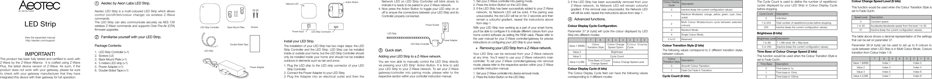 Aeotec by Aeon Labs LED Strip.134Aeotec LED Strip is a multi-coloured LED Strip which allows control (on/off/dim/colour change) via wireless Z-Wave commands. The LED Strip can also communicate securely via AES 128 wireless Z-Wave commands and supports Over-The-Air (OTA) rmware upgrades.Package Contents:1.2.3.1.2.3.Plug the LED strip to the LED strip connector of your LED Strip Controller.               Connect the Power Adapter to your LED Strip.Plug the Adapter into an electrical outlet and then the Set your Z-Wave controller into pairing mode.Press the Action Button on the LED Strip.If the LED Strip has been successfully added to your Z-Wave network, its Network LED will be solid. If the pairing was unsuccessful, the red LED will be on for 2 seconds and then remain a colourful gradient, repeat the instructions above from step 1.Familiarise yourself with your LED Strip.Quick start.With your LED Strip now working as a part of your smart home, you’ll be able to congure it to indicate different colours from your home control software via setting the RGB value. Please refer to the user manual for your Z-Wave controller/gateway for precise instructions on conguring your LED Strip to your needs.Your LED Strip can be removed from your Z-Wave network at any time. You’ll need to use your Z-Wave network’s main controller. To set your Z-Wave controller/gateway into removal mode, please refer to the respective section within your Z-Wave controller instruction manual.Install your LED Strip. 7 6 543210Value 1 (MSB) Colour Transition StyleColour Change Speed OptionColour Display CycleValue 2 BrightnessValue 3 Cycle CountValue 4 (LSB) Time Base of CoulorChange Speed Colour Change Speed LevelRemoving your LED Strip from a Z-Wave network.Advanced functions.Colour Display Cycle Configuration.Parameter 37 [4 byte] will cycle the colour displayed by LED Strip into different modes:The Colour Display Cycle field can have the following values corresponding to 4 different modes:The Cycle Count is used to dene the number of repetitions/cycles displayed by your LED Strip in Colour Display Cycle before stopping.Colour Display Cycle (4 bits)The following values correspond to 2 different transition styles between colours:           Cycle Count (8 bits)Colour Display Cycle Description0Inactive (keep the current conguration values)1Rainbow Mode(red, orange, yellow, green, cyan, blue, violet)2Multi Colour Mode(colours cycle between selected colours)3 Random Mode.4 Single Colour Mode.5 to15 Reserved.Colour Transition Style Description0 Smooth Colour Transition.1 Fade Out Fade In Transition.Cycle Count Description0 Unlimited.1 to 254 Total number of repetitions/cycles before stopping.255 Inactive (keep the current conguration values).Colour Transition Style (2 bits)This function would be used when the Colour Transition Style is set to Fade Out/In.The table above shows a decimal representation of the settings that can be set on parameter 37.This function would be used when the Colour Transition Style is set to Fade Out/In.Time Base of Colour Change Speed (3 bits)Colour Change Speed Level (5 bits)Speed Level Description0  Constant speed.1 to 30 Accelerate/decelerate speed from the level 1 to 30.31 Inactive (keep the current conguration values).Parameter 39 [4 byte] can be used to set up to 8 colours to cycle between when LED Strip is in Multi Colour Mode. Colours transition from Colour Index 1-8.2Brightness Level Description1 to 99 1 = Min level. 99 = Max level.0 or 255 Inactive (keep the current conguration values).Brightness (8 bits)Time Base Description0  Time base is 1s.1 Time base is 10ms.2 Time base is 100ms.1.2.Set your Z-Wave controller into device removal mode.Press the Action Button on the LED Strip.7 6 543210Value 1 (MSB) Index 1 Index 2Value 2 Index 3 Index 4Value 3 Index 5 Index 6Value 4 (LSB) Index 7 Index 8View the expanded manual:http://aeotec.com/supportLED StripIMPORTANT!This product has been fully tested and certied to work with Z-Wave by the Z-Wave Alliance.  It is crafted using Z-Wave Plus, the latest device version of Z-Wave. As such, if the product does not work with your gateway, please be sure to check with your gateway manufacturer that they have integrated this device with their gateway for full operation.LED Strip Controller  Back Mount Plate  ScrewsDouble-Sided Tape 1.  LED Strip Controller (×1)2.  Screws (×2)3.  Back Mount Plate (×1)4.  5 meters LED strip (×1)5.  Power Adapter (×1)6.  Double-Sided Tape (×1)Adding your LED Strip to a Z-Wave network.You are now able to manually control the LED Strip directly via pressing your LED Strip’ Action Button. It is time to add your LED Strip to your Z-Wave network. To set your Z-Wave gateway/controller into pairing mode, please refer to the respective section within your controller instruction manual.Power Adapter The installation of your LED Strip has two major steps: the LED Strip Controller and the LED Strip. LED Strip can be installed inside or outside your home, but the LED Strip Controller should only be installed inside your home and should not be installed outdoors in elements such as rain and snow.Network LED  Action Button Power Input LED Strip ConnectorLED StripIf the LED Strip has been successfully removed from your Z-Wave network, its Network LED will remain colourful gradient. If the removal was unsuccessful, the Network LED will still be solid, repeat the instructions above from step 1.LED StripLED Strip ControllerPower Socket4.Network LED on LED Strip Controller will blink slowly to indicate it is ready to be paired to your Z-Wave network.Now press the Action Button to toggle your LED strip on or off to ensure the connections between your LED Strip and its Controller properly connected.3.Power Adapter