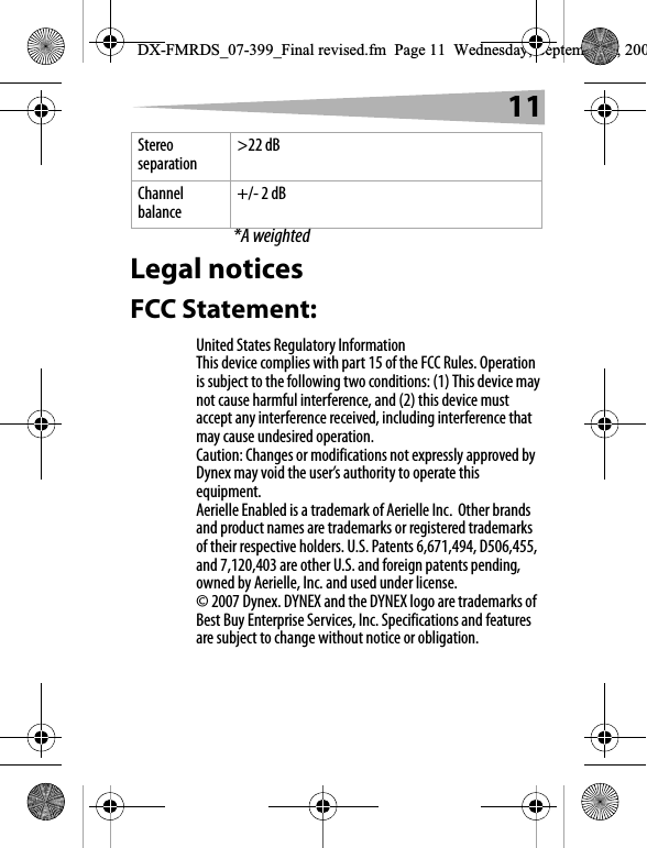 11*A weightedLegal noticesFCC Statement:United States Regulatory InformationThis device complies with part 15 of the FCC Rules. Operation is subject to the following two conditions: (1) This device may not cause harmful interference, and (2) this device must accept any interference received, including interference that may cause undesired operation.Caution: Changes or modifications not expressly approved by Dynex may void the user&rsquo;s authority to operate this equipment.Aerielle Enabled is a trademark of Aerielle Inc.Other brands and product names are trademarks or registered trademarks of their respective holders. U.S. Patents 6,671,494, D506,455, and 7,120,403 are other U.S. and foreign patents pending, owned by Aerielle, Inc. and used under license. &copy; 2007 Dynex. DYNEX and the DYNEX logo are trademarks of Best Buy Enterprise Services, Inc. Specifications and features are subject to change without notice or obligation.Stereo separation >22 dBChannel balance +/- 2 dBDX-FMRDS_07-399_Final revised.fm  Page 11  Wednesday, September 5, 200