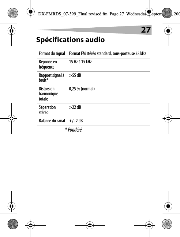 27Sp&eacute;cifications audio* Pond&eacute;r&eacute;Format du signal Format FM st&eacute;r&eacute;o standard, sous-porteuse 38 kHzR&eacute;ponse en fr&eacute;quence 15 Hz &agrave; 15 kHzRapport signal &agrave; bruit* >55 dBDistorsion harmonique totale0,25 % (normal)S&eacute;paration st&eacute;r&eacute;o >22 dBBalance du canal +/- 2 dBDX-FMRDS_07-399_Final revised.fm  Page 27  Wednesday, September 5, 200