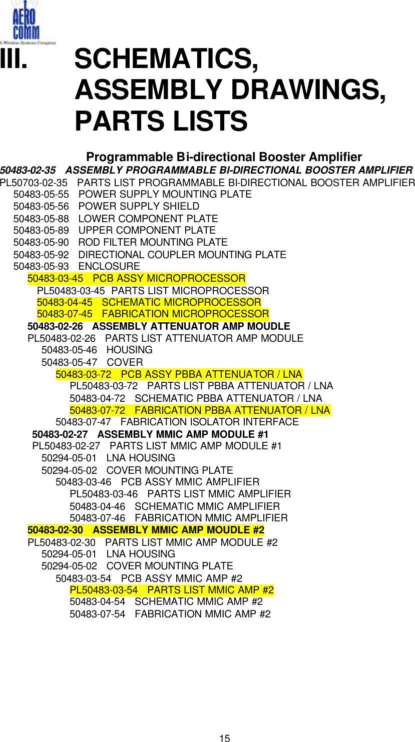   15III. SCHEMATICS,  ASSEMBLY DRAWINGS, PARTS LISTS  Programmable Bi-directional Booster Amplifier 50483-02-35   ASSEMBLY PROGRAMMABLE BI-DIRECTIONAL BOOSTER AMPLIFIER PL50703-02-35   PARTS LIST PROGRAMMABLE BI-DIRECTIONAL BOOSTER AMPLIFIER 50483-05-55   POWER SUPPLY MOUNTING PLATE 50483-05-56   POWER SUPPLY SHIELD  50483-05-88   LOWER COMPONENT PLATE 50483-05-89   UPPER COMPONENT PLATE 50483-05-90   ROD FILTER MOUNTING PLATE 50483-05-92   DIRECTIONAL COUPLER MOUNTING PLATE 50483-05-93   ENCLOSURE 50483-03-45   PCB ASSY MICROPROCESSOR PL50483-03-45  PARTS LIST MICROPROCESSOR 50483-04-45   SCHEMATIC MICROPROCESSOR 50483-07-45   FABRICATION MICROPROCESSOR 50483-02-26   ASSEMBLY ATTENUATOR AMP MOUDLE  PL50483-02-26   PARTS LIST ATTENUATOR AMP MODULE  50483-05-46   HOUSING 50483-05-47   COVER 50483-03-72   PCB ASSY PBBA ATTENUATOR / LNA PL50483-03-72   PARTS LIST PBBA ATTENUATOR / LNA 50483-04-72   SCHEMATIC PBBA ATTENUATOR / LNA 50483-07-72   FABRICATION PBBA ATTENUATOR / LNA 50483-07-47   FABRICATION ISOLATOR INTERFACE 50483-02-27   ASSEMBLY MMIC AMP MODULE #1 PL50483-02-27   PARTS LIST MMIC AMP MODULE #1 50294-05-01   LNA HOUSING 50294-05-02   COVER MOUNTING PLATE 50483-03-46   PCB ASSY MMIC AMPLIFIER PL50483-03-46   PARTS LIST MMIC AMPLIFIER 50483-04-46   SCHEMATIC MMIC AMPLIFIER 50483-07-46   FABRICATION MMIC AMPLIFIER 50483-02-30   ASSEMBLY MMIC AMP MOUDLE #2 PL50483-02-30   PARTS LIST MMIC AMP MODULE #2 50294-05-01   LNA HOUSING 50294-05-02   COVER MOUNTING PLATE 50483-03-54   PCB ASSY MMIC AMP #2 PL50483-03-54   PARTS LIST MMIC AMP #2 50483-04-54   SCHEMATIC MMIC AMP #2 50483-07-54   FABRICATION MMIC AMP #2      