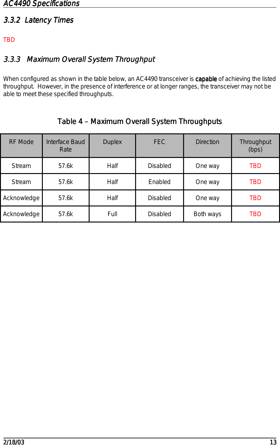AC4490 SpecificationsAC4490 SpecificationsAC4490 SpecificationsAC4490 Specifications                                                                                                                                                                                                                                                                                                                                                                                                                                                                                                                                                                                                                                                                                                                                                                                                                                                                                                                                                                                                                                                            2/18/032/18/032/18/032/18/03 131313133.3.23.3.23.3.23.3.2 Latency TimesLatency TimesLatency TimesLatency TimesTBD3.3.33.3.33.3.33.3.3  Maximum Overall System Throughput Maximum Overall System Throughput Maximum Overall System Throughput Maximum Overall System ThroughputWhen configured as shown in the table below, an AC4490 transceiver is capable capable capable capable of achieving the listedthroughput.  However, in the presence of interference or at longer ranges, the transceiver may not beable to meet these specified throughputs.Table Table Table Table 4444 – Maximum Overall System Throughputs – Maximum Overall System Throughputs – Maximum Overall System Throughputs – Maximum Overall System ThroughputsRF Mode Interface BaudRate Duplex FEC Direction Throughput(bps)Stream 57.6k Half Disabled One way TBDStream 57.6k Half Enabled One way TBDAcknowledge 57.6k Half Disabled One way TBDAcknowledge 57.6k Full Disabled Both ways TBD