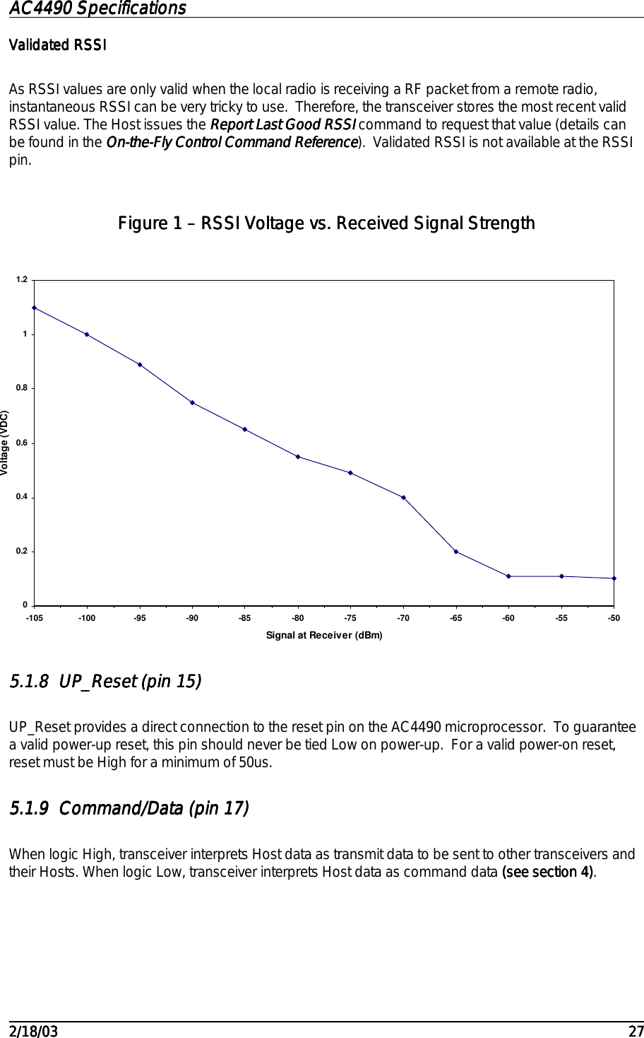 AC4490 SpecificationsAC4490 SpecificationsAC4490 SpecificationsAC4490 Specifications                                                                                                                                                                                                                                                                                                                                                                                                                                                                                                                                                                                                                                                                                                                                                                                                                                                                                                                                                                                                                                                            2/18/032/18/032/18/032/18/03 27272727Validated RSSIValidated RSSIValidated RSSIValidated RSSIAs RSSI values are only valid when the local radio is receiving a RF packet from a remote radio,instantaneous RSSI can be very tricky to use.  Therefore, the transceiver stores the most recent validRSSI value. The Host issues the Report Last Good RSSI Report Last Good RSSI Report Last Good RSSI Report Last Good RSSI command to request that value (details canbe found in the On-the-Fly Control Command ReferenceOn-the-Fly Control Command ReferenceOn-the-Fly Control Command ReferenceOn-the-Fly Control Command Reference).  Validated RSSI is not available at the RSSIpin.Figure Figure Figure Figure 1111 – RSSI Voltage vs. Received Signal Strength – RSSI Voltage vs. Received Signal Strength – RSSI Voltage vs. Received Signal Strength – RSSI Voltage vs. Received Signal Strength5.1.85.1.85.1.85.1.8 UP_Reset (pin 15)UP_Reset (pin 15)UP_Reset (pin 15)UP_Reset (pin 15)UP_Reset provides a direct connection to the reset pin on the AC4490 microprocessor.  To guaranteea valid power-up reset, this pin should never be tied Low on power-up.  For a valid power-on reset,reset must be High for a minimum of 50us.5.1.95.1.95.1.95.1.9 Command/Data (pin 17)Command/Data (pin 17)Command/Data (pin 17)Command/Data (pin 17)When logic High, transceiver interprets Host data as transmit data to be sent to other transceivers andtheir Hosts. When logic Low, transceiver interprets Host data as command data (see section 4)(see section 4)(see section 4)(see section 4).00.20.40.60.811.2-105 -100 -95 -90 -85 -80 -75 -70 -65 -60 -55 -50Signal at Receiver (dBm)Voltage (VDC)