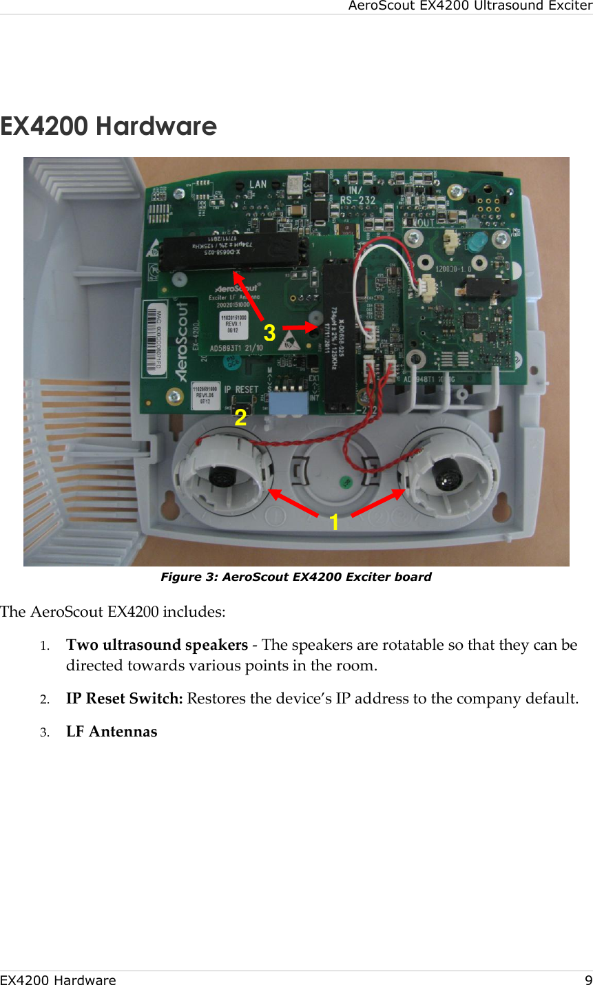 AeroScout EX4200 Ultrasound Exciter  EX4200 Hardware     9  EX4200 Hardware  Figure 3: AeroScout EX4200 Exciter board  The AeroScout EX4200 includes: 1. Two ultrasound speakers - The speakers are rotatable so that they can be directed towards various points in the room.  2. IP Reset Switch: Restores the device’s IP address to the company default. 3. LF Antennas 2 3 1 