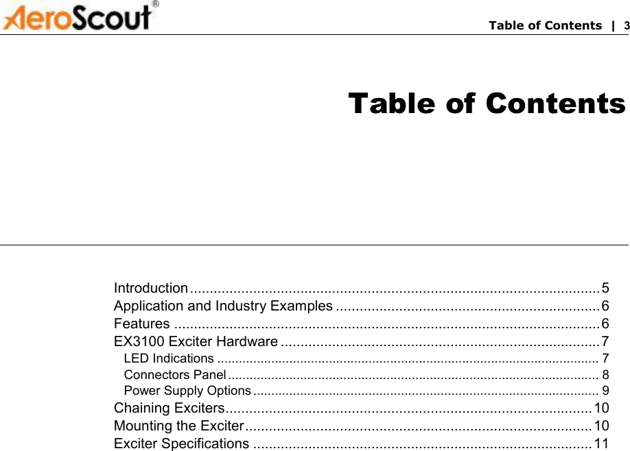       Table of Contents  |  3 Table of Contents Introduction ........................................................................................................5 Application and Industry Examples ...................................................................6 Features ............................................................................................................6 EX3100 Exciter Hardware .................................................................................7 LED Indications .......................................................................................................... 7 Connectors Panel ....................................................................................................... 8 Power Supply Options ................................................................................................ 9 Chaining Exciters.............................................................................................10 Mounting the Exciter........................................................................................10 Exciter Specifications ......................................................................................11  