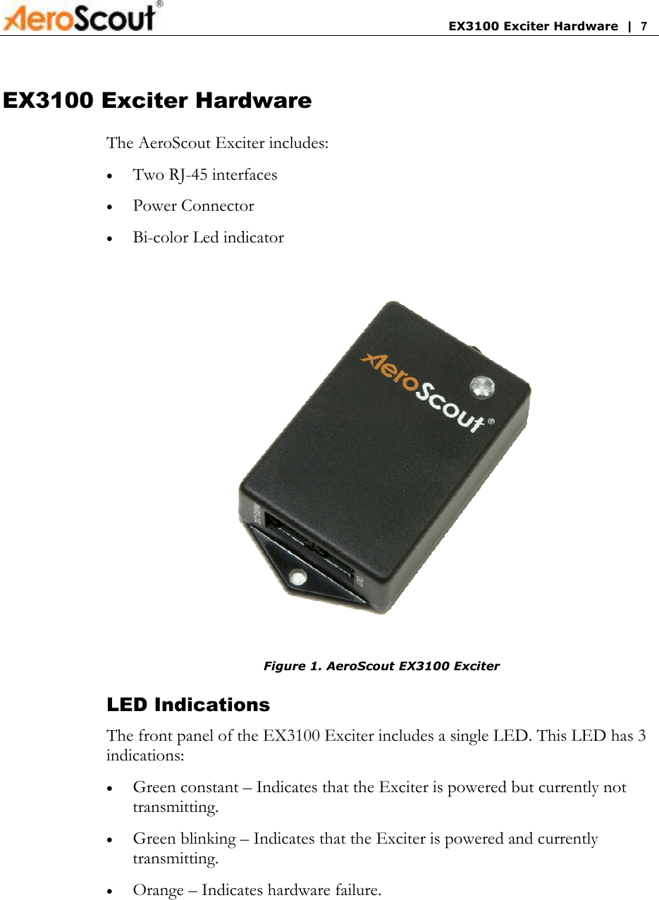       EX3100 Exciter Hardware  |  7 EX3100 Exciter Hardware The AeroScout Exciter includes: • Two RJ-45 interfaces  • Power Connector  • Bi-color Led indicator  Figure 1. AeroScout EX3100 Exciter LED Indications The front panel of the EX3100 Exciter includes a single LED. This LED has 3 indications: • Green constant – Indicates that the Exciter is powered but currently not transmitting. • Green blinking – Indicates that the Exciter is powered and currently transmitting. • Orange – Indicates hardware failure. 