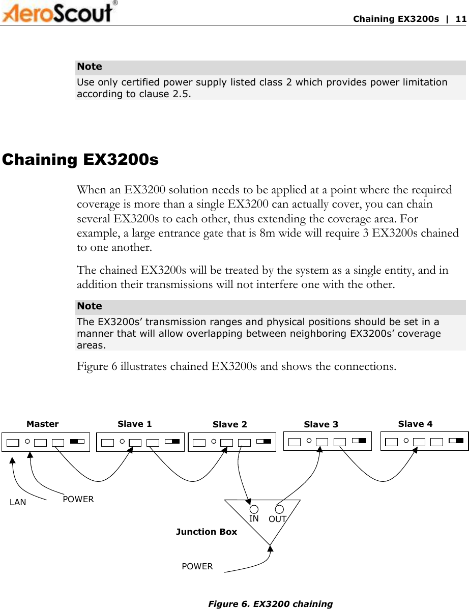       Chaining EX3200s  |  11 Note Use only certified power supply listed class 2 which provides power limitation according to clause 2.5.  Chaining EX3200s When an EX3200 solution needs to be applied at a point where the required coverage is more than a single EX3200 can actually cover, you can chain several EX3200s to each other, thus extending the coverage area. For example, a large entrance gate that is 8m wide will require 3 EX3200s chained to one another. The chained EX3200s will be treated by the system as a single entity, and in addition their transmissions will not interfere one with the other. Note The EX3200s’ transmission ranges and physical positions should be set in a manner that will allow overlapping between neighboring EX3200s’ coverage areas. Figure 6 illustrates chained EX3200s and shows the connections.   Figure 6. EX3200 chaining  LAN  POWER IN  OUT POWER Junction Box Master Slave 1  Slave 2  Slave 3  Slave 4 