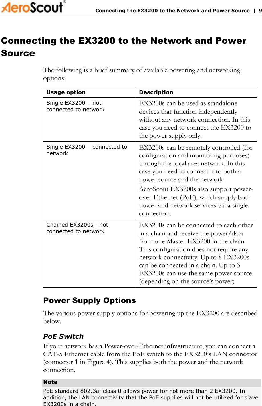      Connecting the EX3200 to the Network and Power Source  |  9 Connecting the EX3200 to the Network and Power Source The following is a brief summary of available powering and networking options: Usage option  Description Single EX3200 – not connected to network  EX3200s can be used as standalone devices that function independently without any network connection. In this case you need to connect the EX3200 to the power supply only. Single EX3200 – connected to network  EX3200s can be remotely controlled (for configuration and monitoring purposes) through the local area network. In this case you need to connect it to both a power source and the network.  AeroScout EX3200s also support power-over-Ethernet (PoE), which supply both power and network services via a single connection. Chained EX3200s - not connected to network  EX3200s can be connected to each other in a chain and receive the power/data from one Master EX3200 in the chain. This configuration does not require any network connectivity. Up to 8 EX3200s can be connected in a chain. Up to 3 EX3200s can use the same power source (depending on the source’s power) Power Supply Options The various power supply options for powering up the EX3200 are described below. PoE Switch If your network has a Power-over-Ethernet infrastructure, you can connect a CAT-5 Ethernet cable from the PoE switch to the EX3200’s LAN connector (connector 1 in Figure 4). This supplies both the power and the network connection.  Note PoE standard 802.3af class 0 allows power for not more than 2 EX3200. In addition, the LAN connectivity that the PoE supplies will not be utilized for slave EX3200s in a chain. 