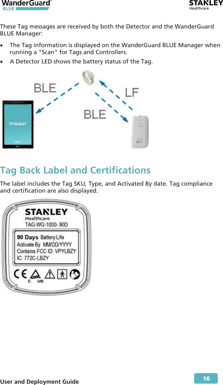  User and Deployment Guide        16 These Tag messages are received by both the Detector and the WanderGuard BLUE Manager: x The Tag information is displayed on the WanderGuard BLUE Manager when running a &quot;Scan&quot; for Tags and Controllers. x A Detector LED shows the battery status of the Tag.  Tag Back Label and Certifications The label includes the Tag SKU, Type, and Activated By date. Tag compliance and certification are also displayed.   