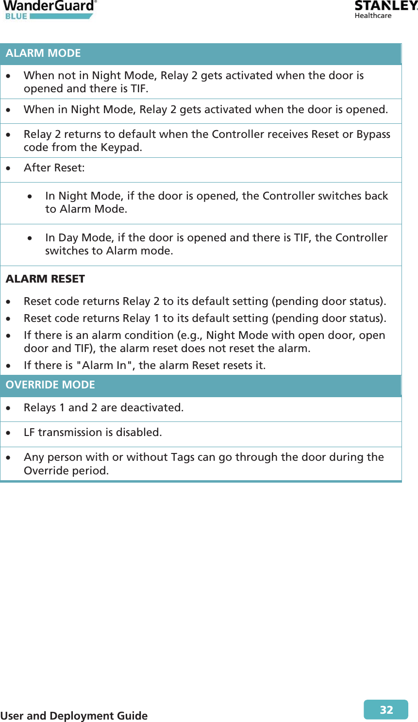 User and Deployment Guide        32 ALARM MODEx When not in Night Mode, Relay 2 gets activated when the door is opened and there is TIF. x When in Night Mode, Relay 2 gets activated when the door is opened. x Relay 2 returns to default when the Controller receives Reset or Bypass code from the Keypad. x After Reset: x In Night Mode, if the door is opened, the Controller switches back to Alarm Mode. x In Day Mode, if the door is opened and there is TIF, the Controller switches to Alarm mode. ALARM RESET x Reset code returns Relay 2 to its default setting (pending door status). x Reset code returns Relay 1 to its default setting (pending door status). x If there is an alarm condition (e.g., Night Mode with open door, open door and TIF), the alarm reset does not reset the alarm. x If there is &quot;Alarm In&quot;, the alarm Reset resets it. OVERRIDE MODE x Relays 1 and 2 are deactivated. xLF transmission is disabled.x Any person with or without Tags can go through the door during the Override period. 