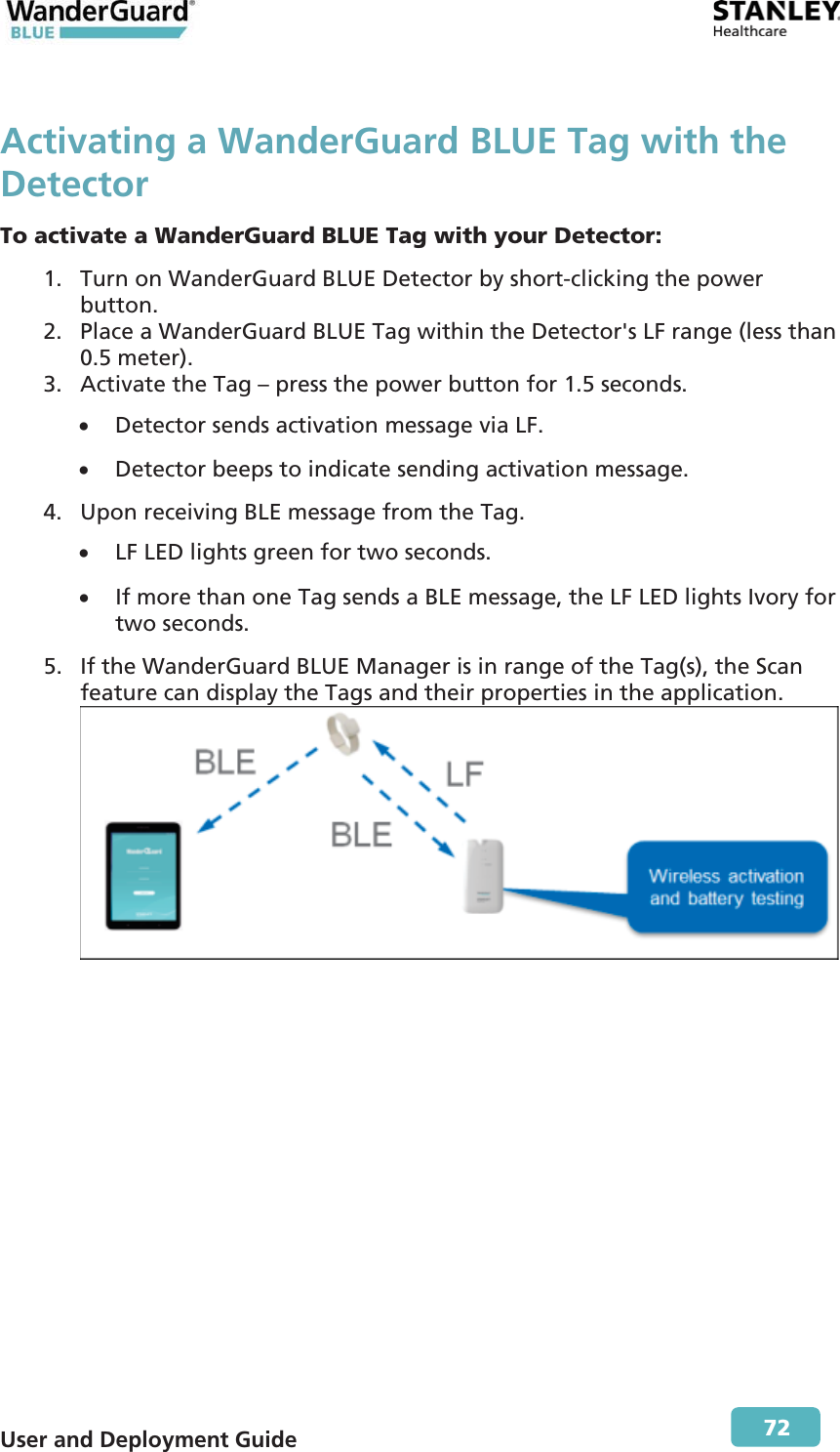  User and Deployment Guide        72 Activating a WanderGuard BLUE Tag with the Detector To activate a WanderGuard BLUE Tag with your Detector: 1. Turn on WanderGuard BLUE Detector by short-clicking the power button. 2. Place a WanderGuard BLUE Tag within the Detector&apos;s LF range (less than 0.5 meter). 3. Activate the Tag – press the power button for 1.5 seconds. x Detector sends activation message via LF. x Detector beeps to indicate sending activation message. 4. Upon receiving BLE message from the Tag. x LF LED lights green for two seconds. x If more than one Tag sends a BLE message, the LF LED lights Ivory for two seconds. 5. If the WanderGuard BLUE Manager is in range of the Tag(s), the Scan feature can display the Tags and their properties in the application.  