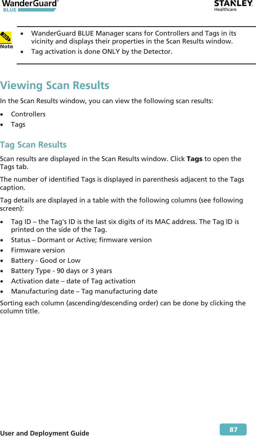  User and Deployment Guide        87  Note  x WanderGuard BLUE Manager scans for Controllers and Tags in its vicinity and displays their properties in the Scan Results window. x Tag activation is done ONLY by the Detector. Viewing Scan Results In the Scan Results window, you can view the following scan results: x Controllers x Tags Tag Scan Results Scan results are displayed in the Scan Results window. Click Tags to open the Tags tab. The number of identified Tags is displayed in parenthesis adjacent to the Tags caption. Tag details are displayed in a table with the following columns (see following screen):  x Tag ID – the Tag&apos;s ID is the last six digits of its MAC address. The Tag ID is printed on the side of the Tag. x Status – Dormant or Active; firmware version x Firmware version x Battery - Good or Low x Battery Type - 90 days or 3 years x Activation date – date of Tag activation x Manufacturing date – Tag manufacturing date Sorting each column (ascending/descending order) can be done by clicking the column title. 