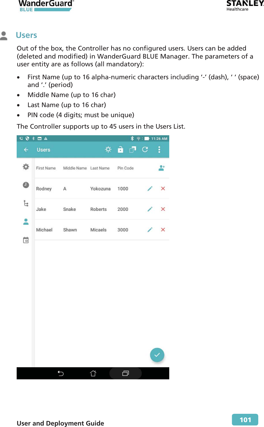  User and Deployment Guide        101  Users Out of the box, the Controller has no configured users. Users can be added (deleted and modified) in WanderGuard BLUE Manager. The parameters of a user entity are as follows (all mandatory): x First Name (up to 16 alpha-numeric characters including ‘-’ (dash), ‘ ‘ (space) and ‘.’ (period) x Middle Name (up to 16 char) x Last Name (up to 16 char) x PIN code (4 digits; must be unique) The Controller supports up to 45 users in the Users List.   