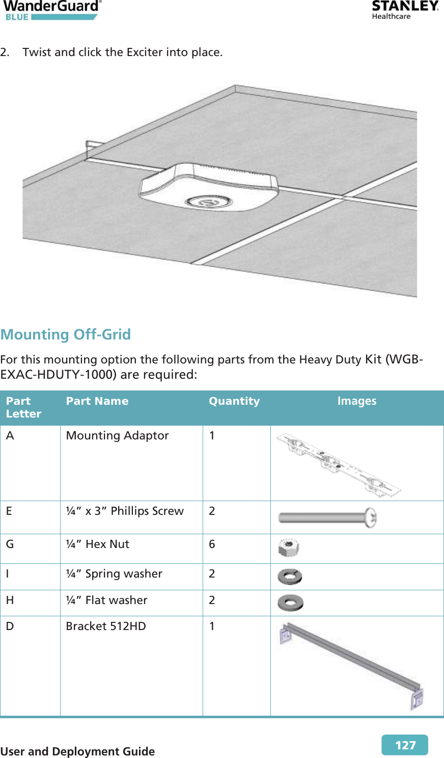  User and Deployment Guide        127 2. Twist and click the Exciter into place.  Mounting Off-Grid For this mounting option the following parts from the Heavy Duty Kit (WGB-EXAC-HDUTY-1000) are required: Part Letter  Part Name  Quantity  Images A Mounting Adaptor 1  E  ¼” x 3” Phillips Screw  2  G  ¼” Hex Nut  6 I  ¼” Spring washer  2   H  ¼” Flat washer  2   D Bracket 512HD  1  