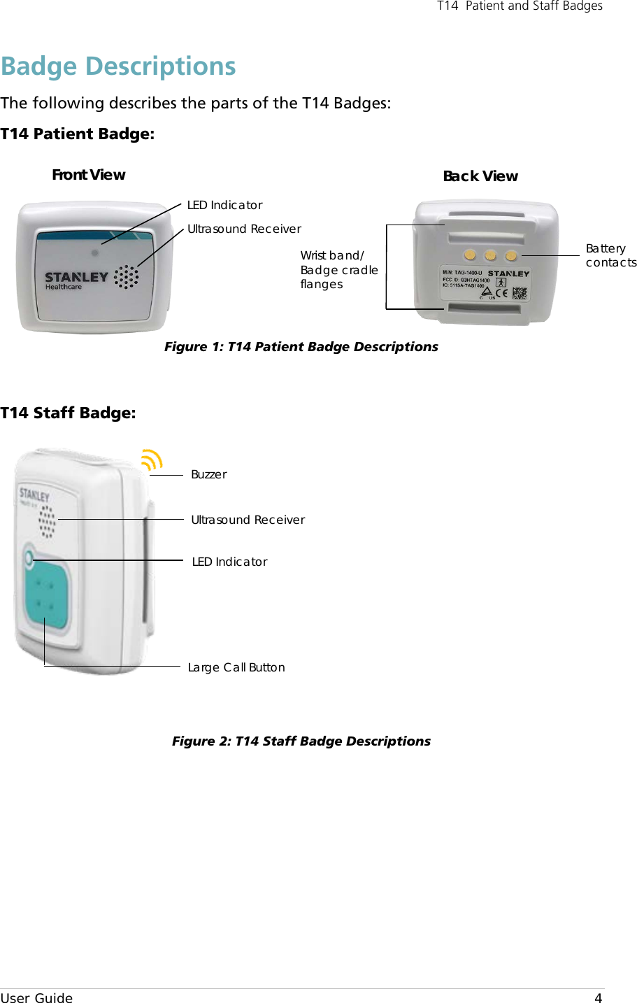 T14  Patient and Staff Badges  User Guide     4 Badge Descriptions The following describes the parts of the T14 Badges: T14 Patient Badge:       Figure 1: T14 Patient Badge Descriptions  T14 Staff Badge:   Figure 2: T14 Staff Badge Descriptions        Front View Back View LED Indicator Ultrasound Receiver  Wrist band/ Badge cradle flanges Battery contacts Large Call Button Ultrasound Receiver LED Indicator Buzzer 