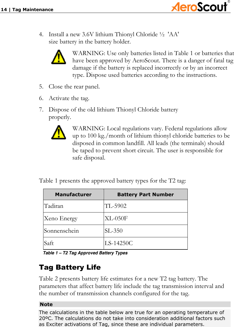 14 | Tag Maintenance             4. Install a new 3.6V lithium Thionyl Chloride ½  &apos;AA&apos; size battery in the battery holder.  WARNING: Use only batteries listed in Table 1 or batteries that have been approved by AeroScout. There is a danger of fatal tag damage if the battery is replaced incorrectly or by an incorrect type. Dispose used batteries according to the instructions. 5. Close the rear panel. 6. Activate the tag. 7. Dispose of the old lithium Thionyl Chloride battery properly.  WARNING: Local regulations vary. Federal regulations allow up to 100 kg./month of lithium thionyl chloride batteries to be disposed in common landfill. All leads (the terminals) should be taped to prevent short circuit. The user is responsible for safe disposal.  Table 1 presents the approved battery types for the T2 tag: Manufacturer  Battery Part Number Tadiran  TL-5902 Xeno Energy  XL-050F Sonnenschein  SL-350 Saft  LS-14250C Table 1 – T2 Tag Approved Battery Types Tag Battery Life Table 2 presents battery life estimates for a new T2 tag battery. The parameters that affect battery life include the tag transmission interval and the number of transmission channels configured for the tag. Note The calculations in the table below are true for an operating temperature of 20ºC. The calculations do not take into consideration additional factors such as Exciter activations of Tag, since these are individual parameters. 