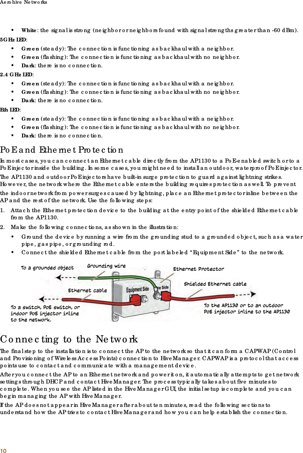 Aerohive Networks10•White: the signal is strong (neighbor or neighbors found with signal strengths greater than -60 dBm).5GHz LED:•Green (steady): The connection is functioning as backhaul with a neighbor.•Green (flashing): The connection is functioning as backhaul with no neighbor.•Dark: there is no connection.2.4 GHz LED:•Green (steady): The connection is functioning as backhaul with a neighbor.•Green (flashing): The connection is functioning as backhaul with no neighbor.•Dark: there is no connection.Eth LED:•Green (steady): The connection is functioning as backhaul with a neighbor.•Green (flashing): The connection is functioning as backhaul with no neighbor.•Dark: there is no connection.PoE and Ethernet ProtectionIn most cases, you can connect an Ethernet cable directly from the AP1130 to a PoE-enabled switch or to a PoE injector inside the building. In some cases, you might need to install an outdoor, waterproof PoE injector.The AP1130 and outdoor PoE injectors have built-in surge protection to guard against lightning strikes. However, the network where the Ethernet cable enters the building requires protection as well. To preventthe indoor network from power surges caused by lightning, place an Ethernet protector inline between the AP and the rest of the network. Use the following steps:1. Attach the Ethernet protection device to the building at the entry point of the shielded Ethernet cable from the AP1130.2. Make the following connections, as shown in the illustration:• Ground the device by running a wire from the grounding stud to a grounded object, such as a water pipe, gas pipe, or grounding rod.• Connect the shielded Ethernet cable from the port labeled “Equipment Side” to the network.Connecting to the NetworkThe final step to the installation is to connect the AP to the network so that it can form a CAPWAP (Control and Provisioning of Wireless Access Points) connection to HiveManager. CAPWAP is a protocol that access points use to contact and communicate with a management device. After you connect the AP to an Ethernet network and power it on, it automatically attempts to get network settings through DHCP and contact HiveManager. The process typically takes about five minutes to complete. When you see the AP listed in the HiveManager GUI, the initial setup is complete and you can begin managing the AP with HiveManager.If the AP does not appear in HiveManager after about ten minutes, read the following sections to understand how the AP tries to contact HiveManager and how you can help establish the connection.To a grounded object Grounding wire Ethernet ProtectorShielded Ethernet cableTo a switch, PoE switch, or indoor PoE injector inline to the network.To the AP1130 or to an outdoor PoE injector inline to the AP1130Ethernet cable